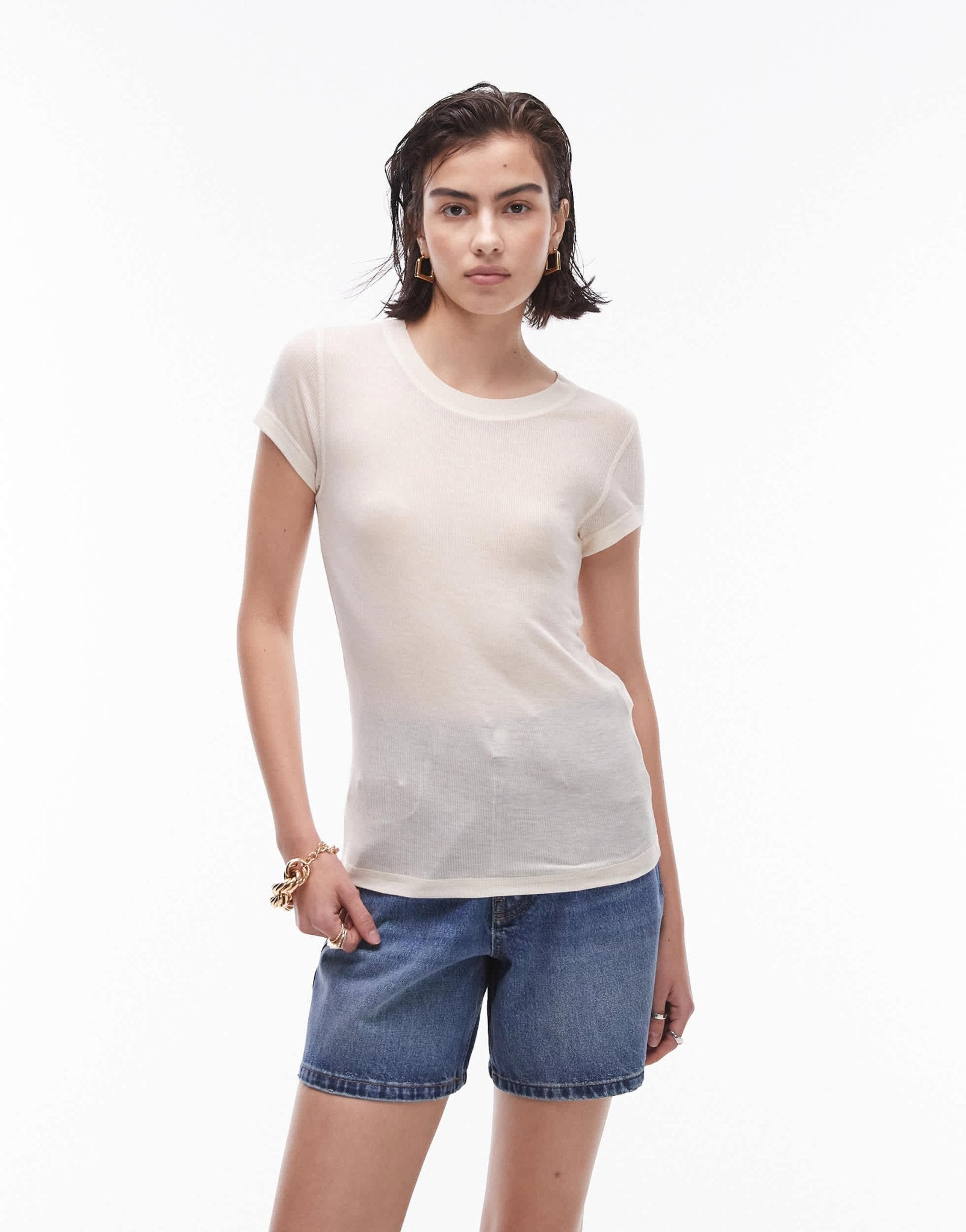 Topshop premium rib sheer longline tee in off white - ASOS Sample Sale