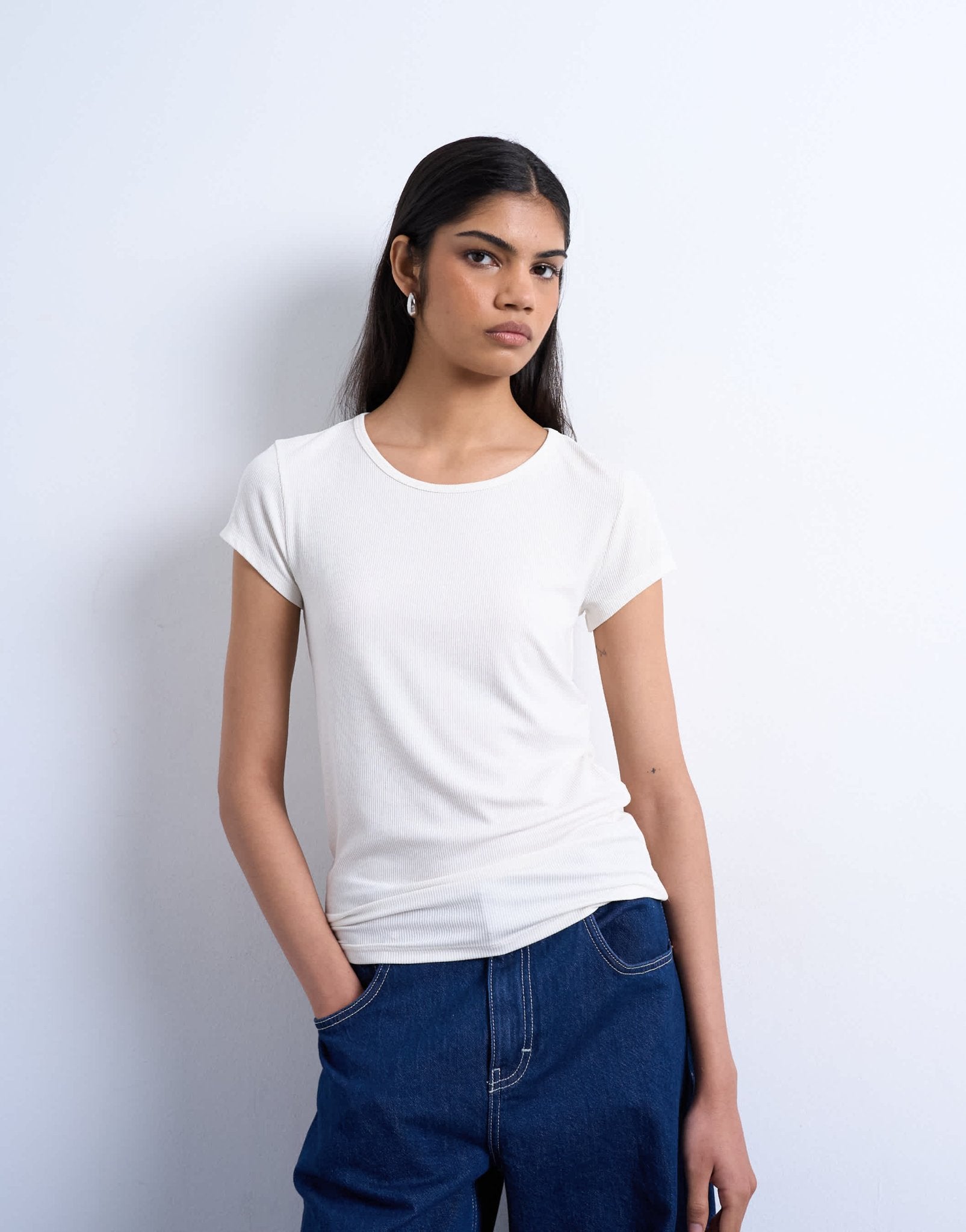 Topshop premium rib short sleeve tee in ecru - ASOS Sample Sale