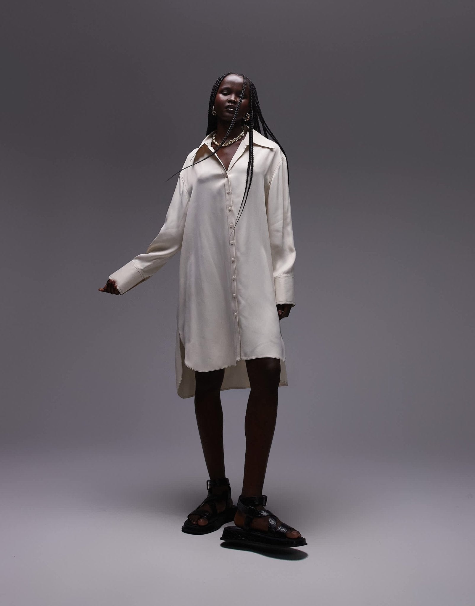 Topshop premium satin mini shirt dress with step hem in ivory - ASOS Sample Sale
