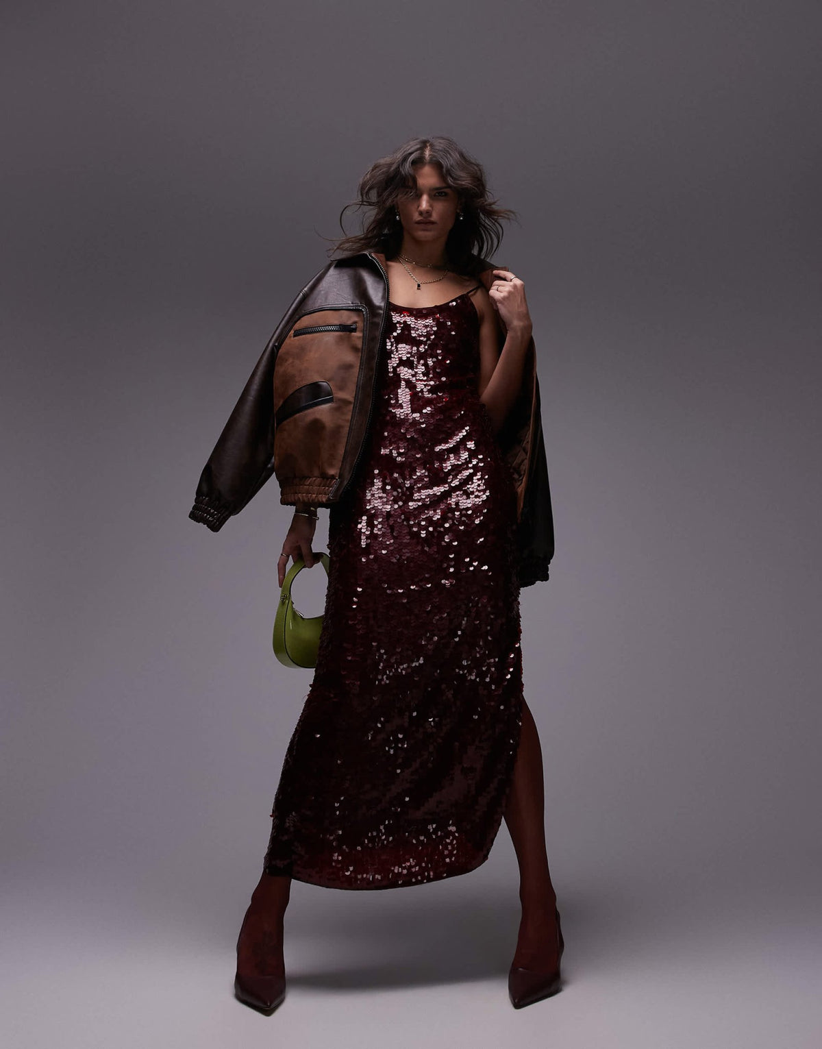 Topshop premium sequin slip maxi dress in oxblood - ASOS Sample Sale