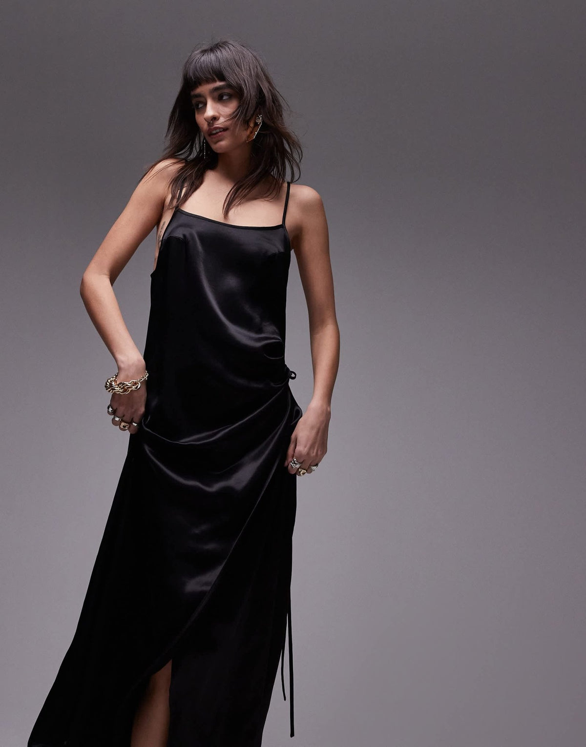 Topshop premium square neck wrap midi slip in black - ASOS Sample Sale