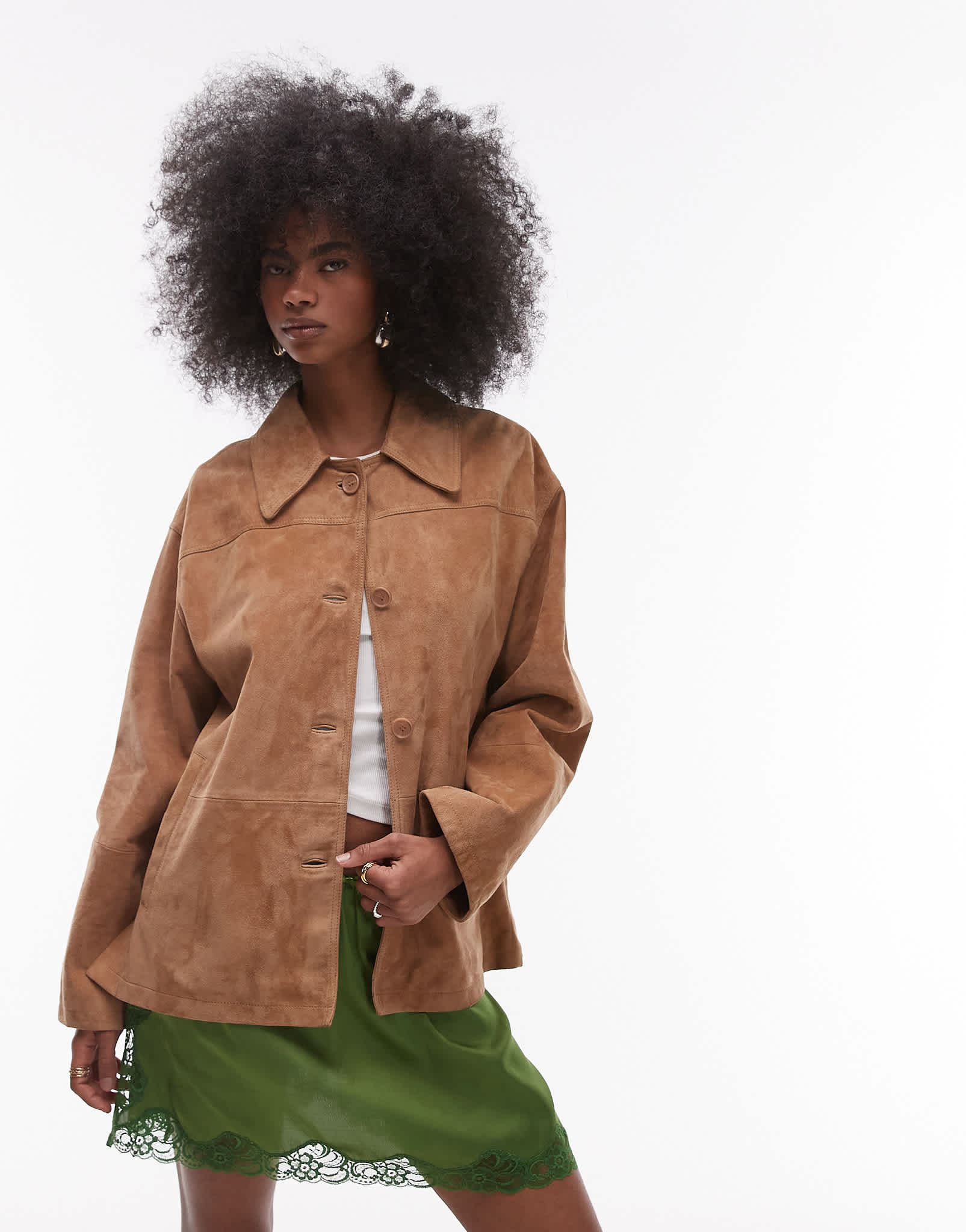 Topshop premium suede jacket in camel - ASOS Sample Sale