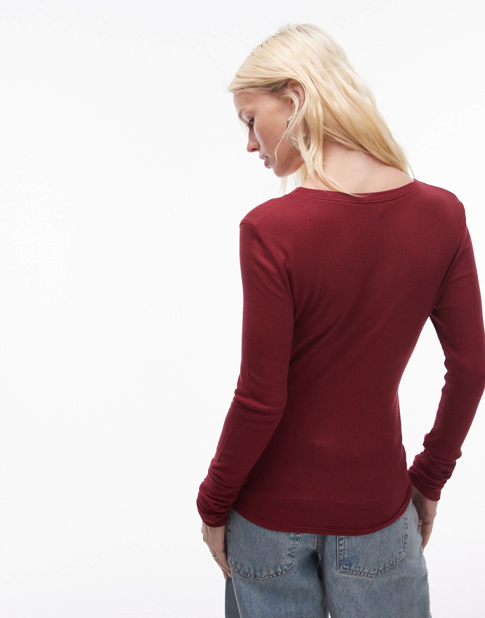 Topshop premium textured waffle long sleeve top in deep red - ASOS Sample Sale