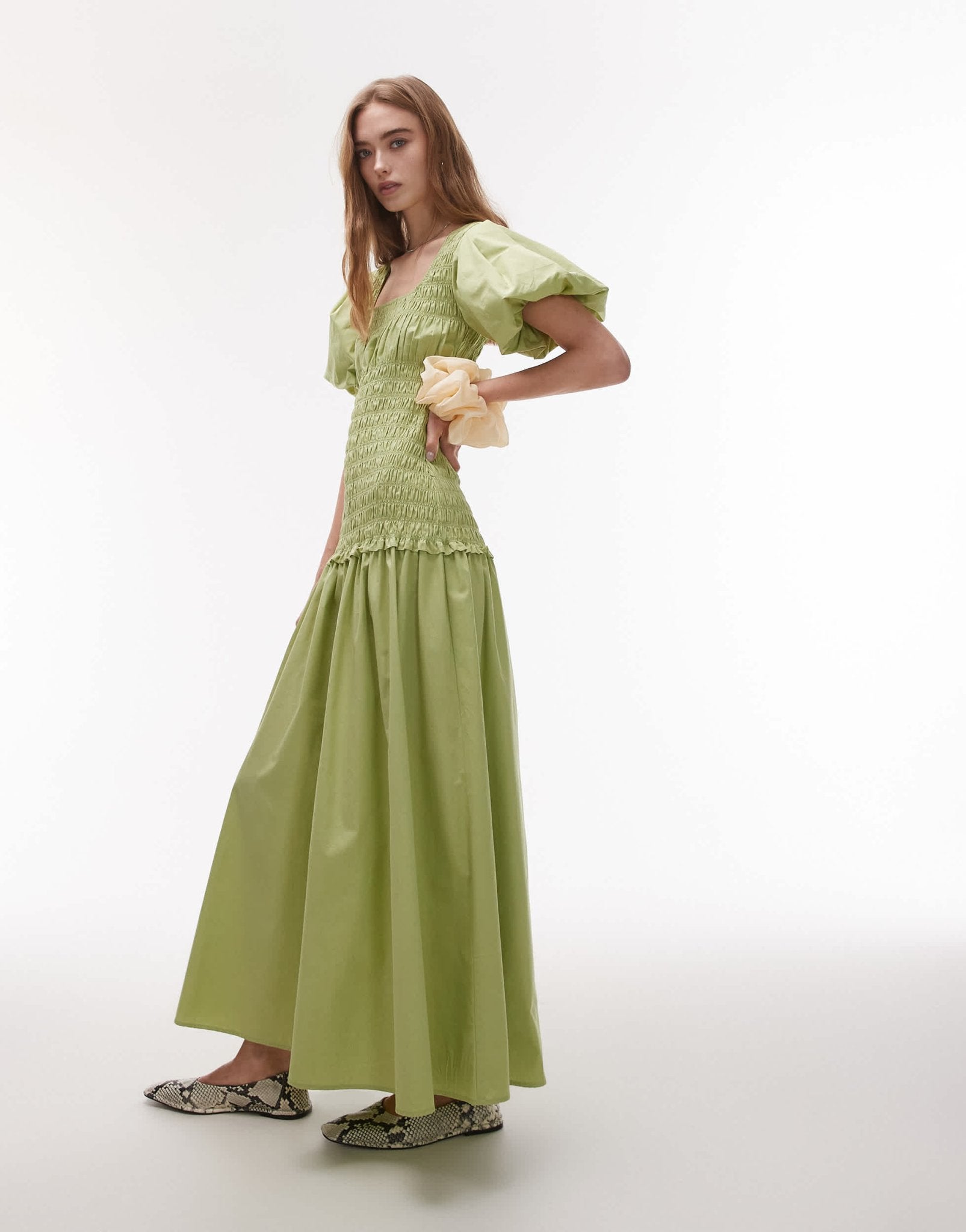 Topshop puff sleeve square neck shirred midi dress in green - ASOS Sample Sale