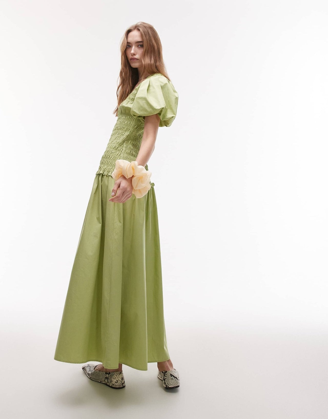 Topshop puff sleeve square neck shirred midi dress in green - ASOS Sample Sale