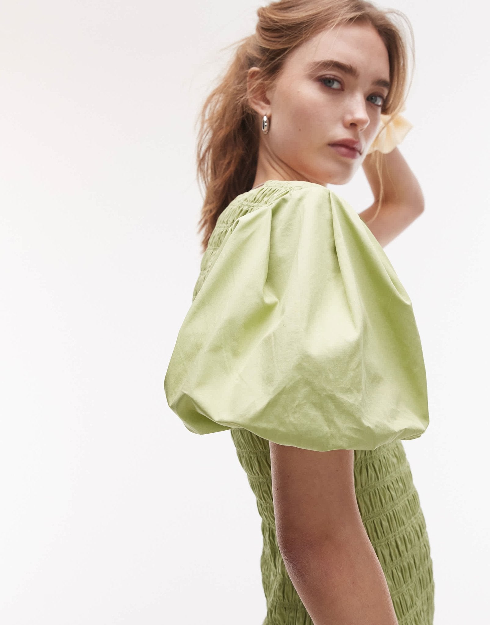 Topshop puff sleeve square neck shirred midi dress in green - ASOS Sample Sale