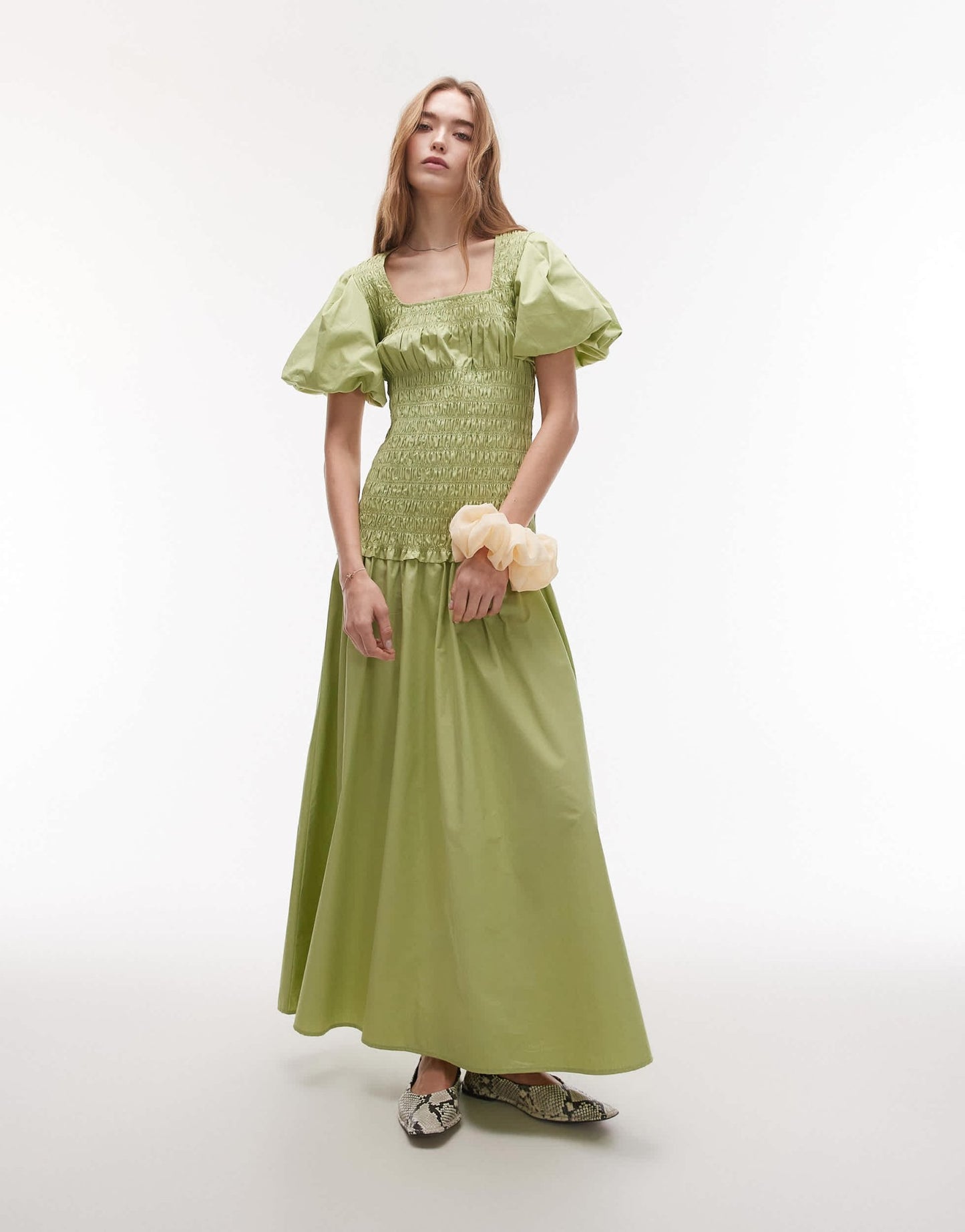 Topshop puff sleeve square neck shirred midi dress in green - ASOS Sample Sale