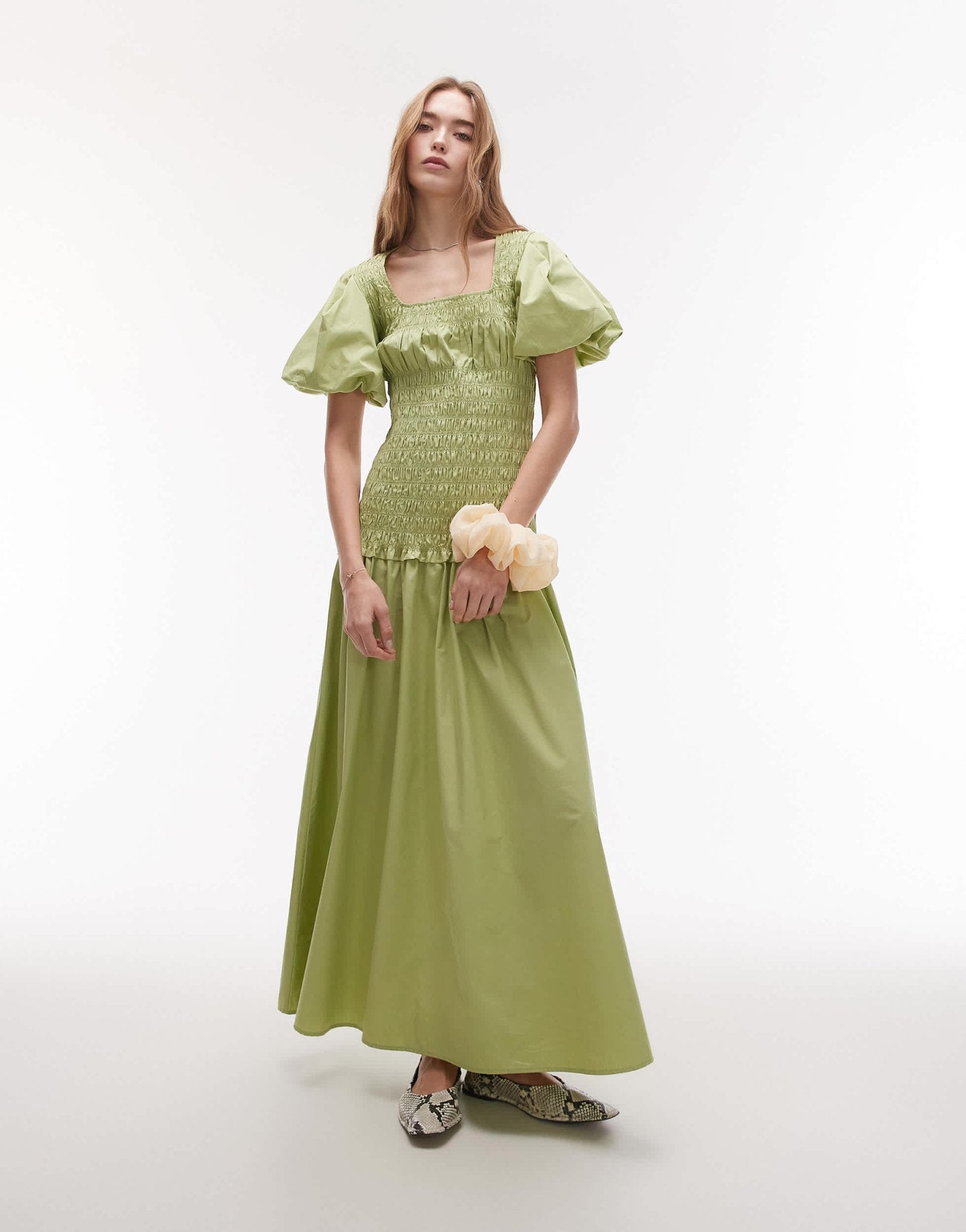 Topshop puff sleeve square neck shirred midi dress in green - ASOS Sample Sale