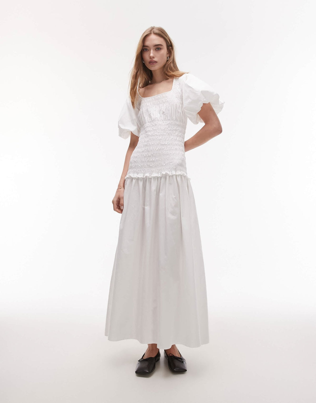 Topshop puff sleeve square neck shirred midi dress in white - ASOS Sample Sale