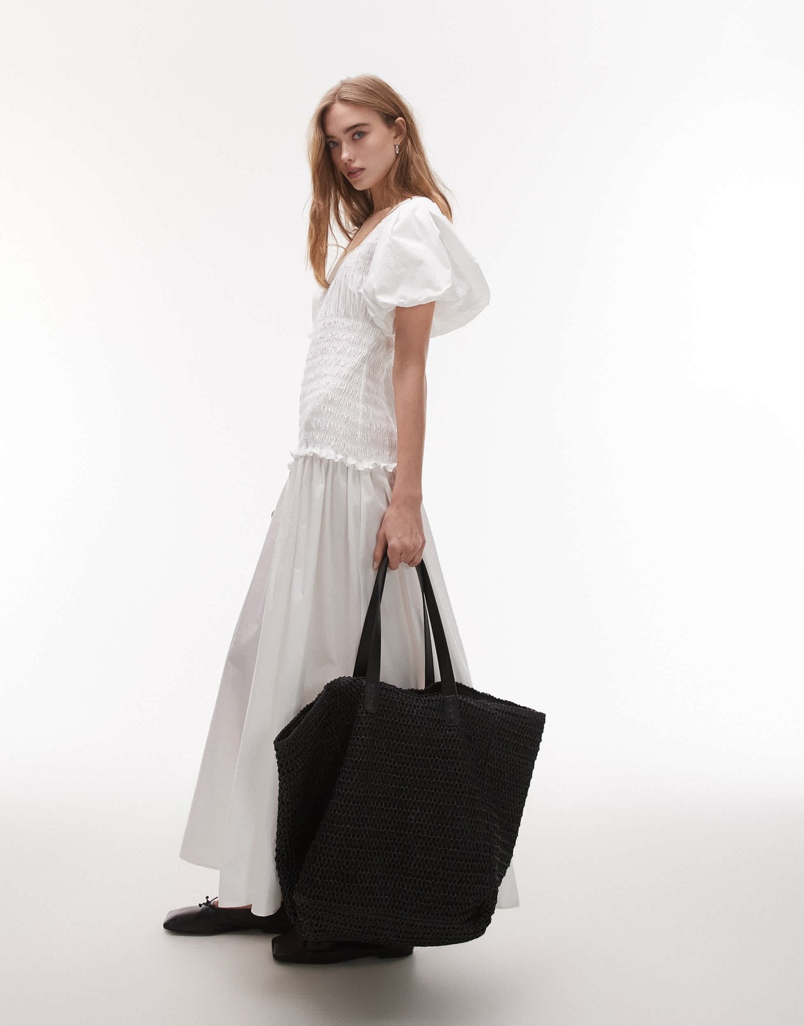 Topshop puff sleeve square neck shirred midi dress in white - ASOS Sample Sale