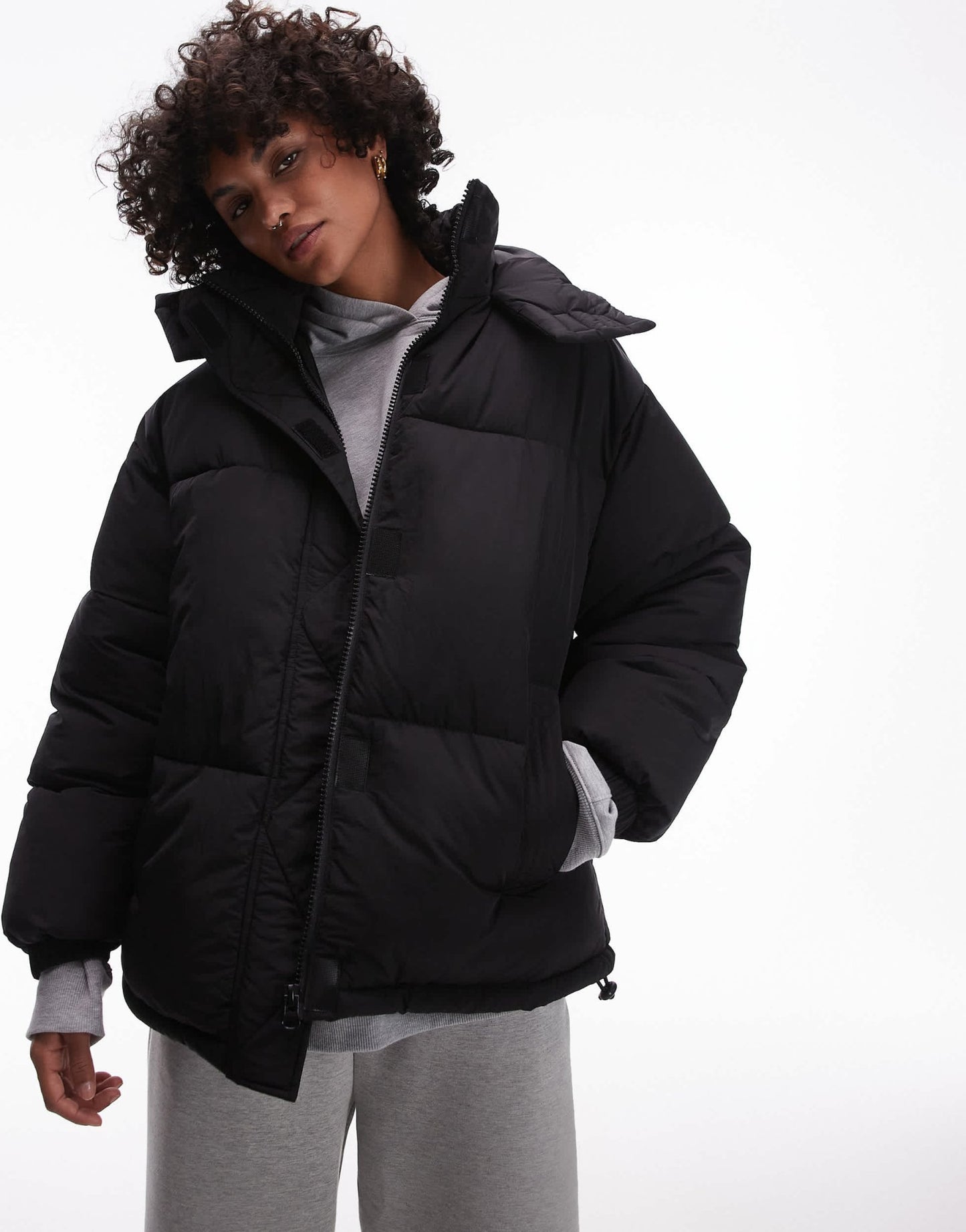 Topshop puffer jacket with hood in black - ASOS Sample Sale