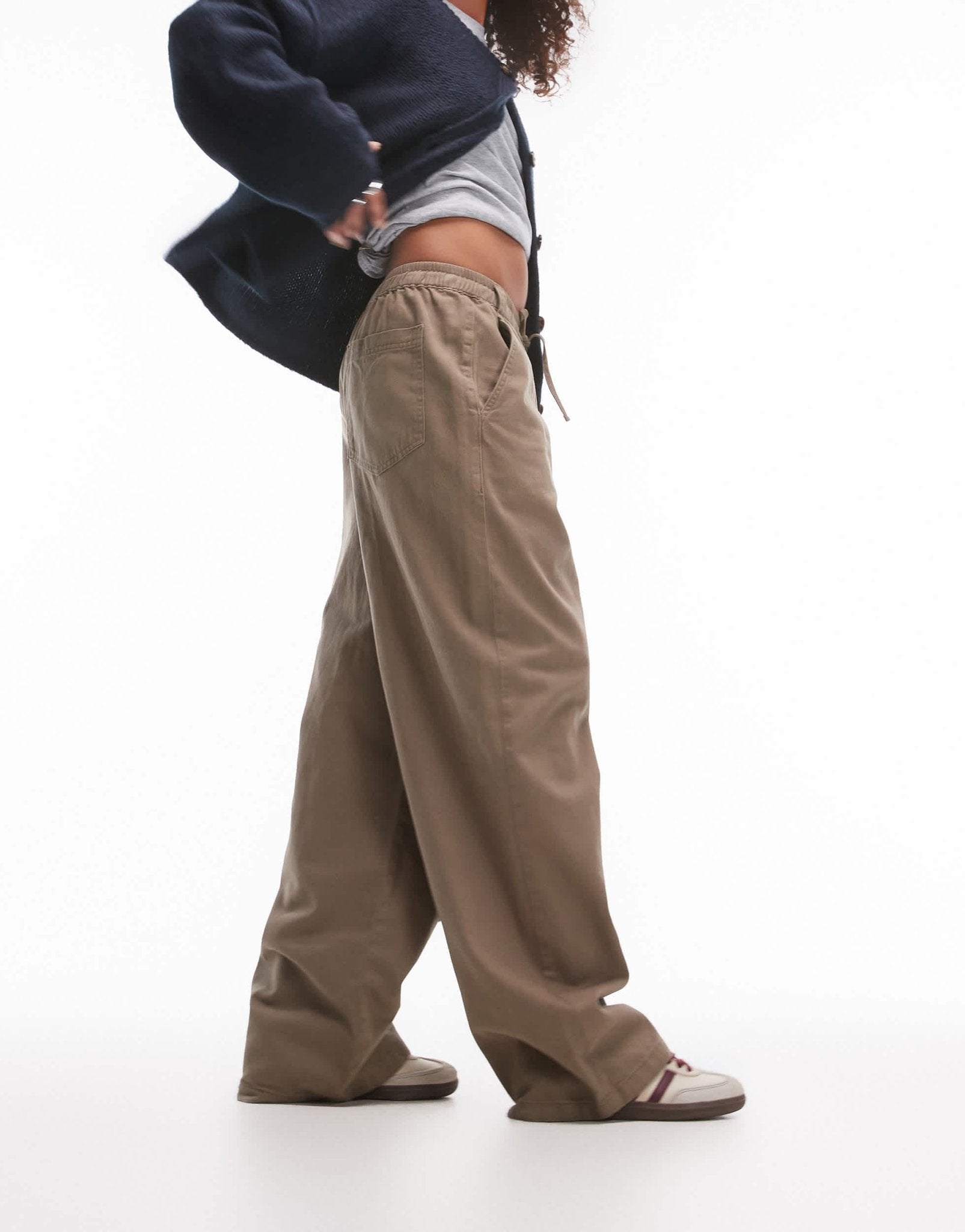 Topshop pull on tie waist trouser in khaki - ASOS Sample Sale