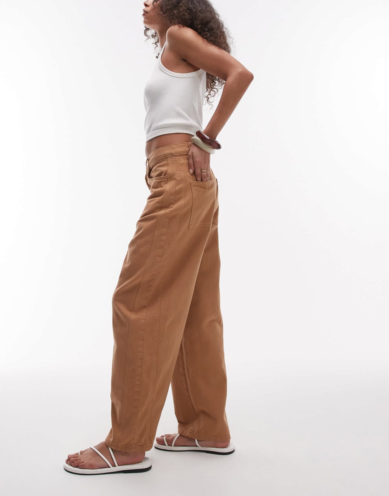 Topshop relaxed barrel leg trouser with seam detail in tan - ASOS Sample Sale