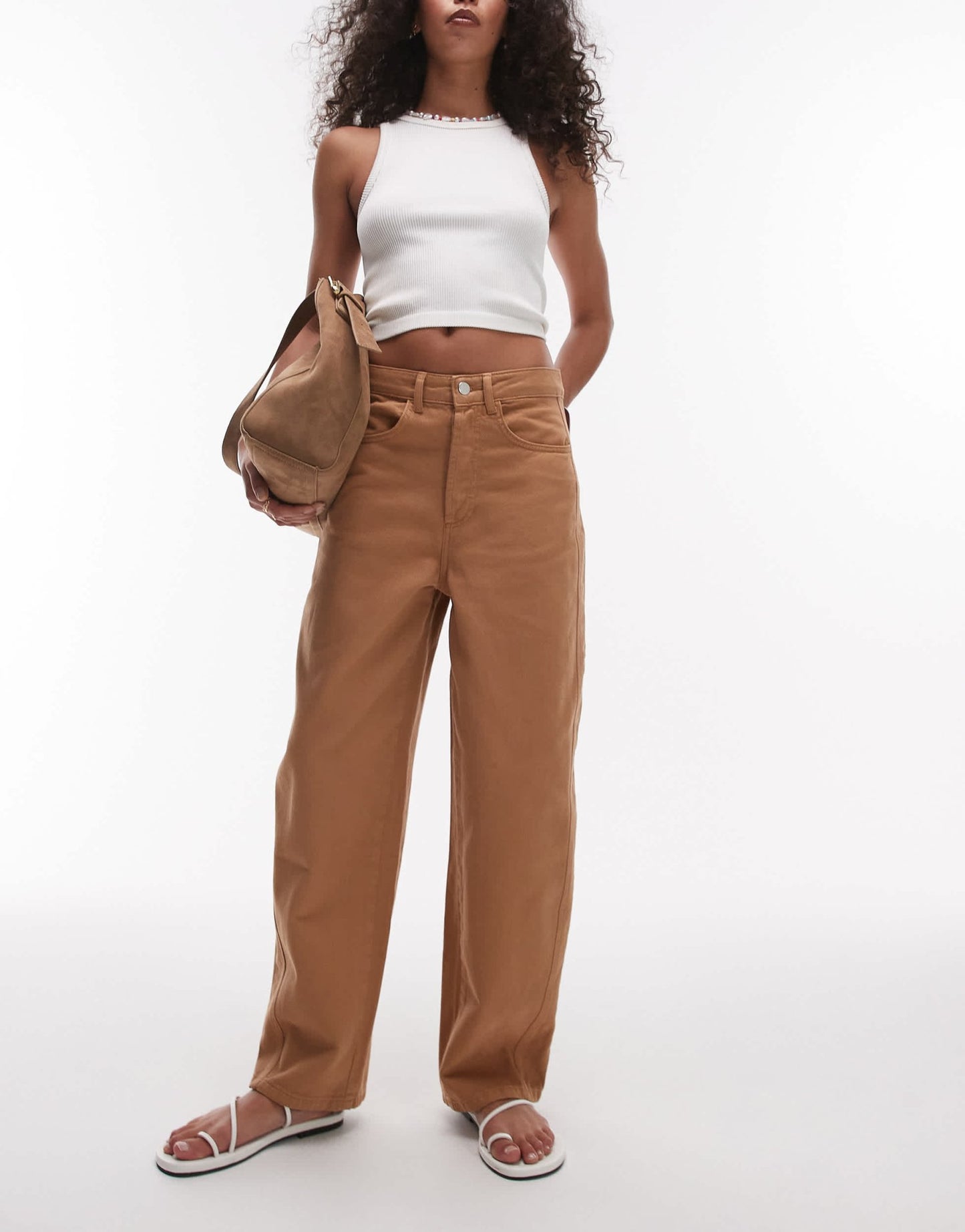 Topshop relaxed barrel leg trouser with seam detail in tan - ASOS Sample Sale