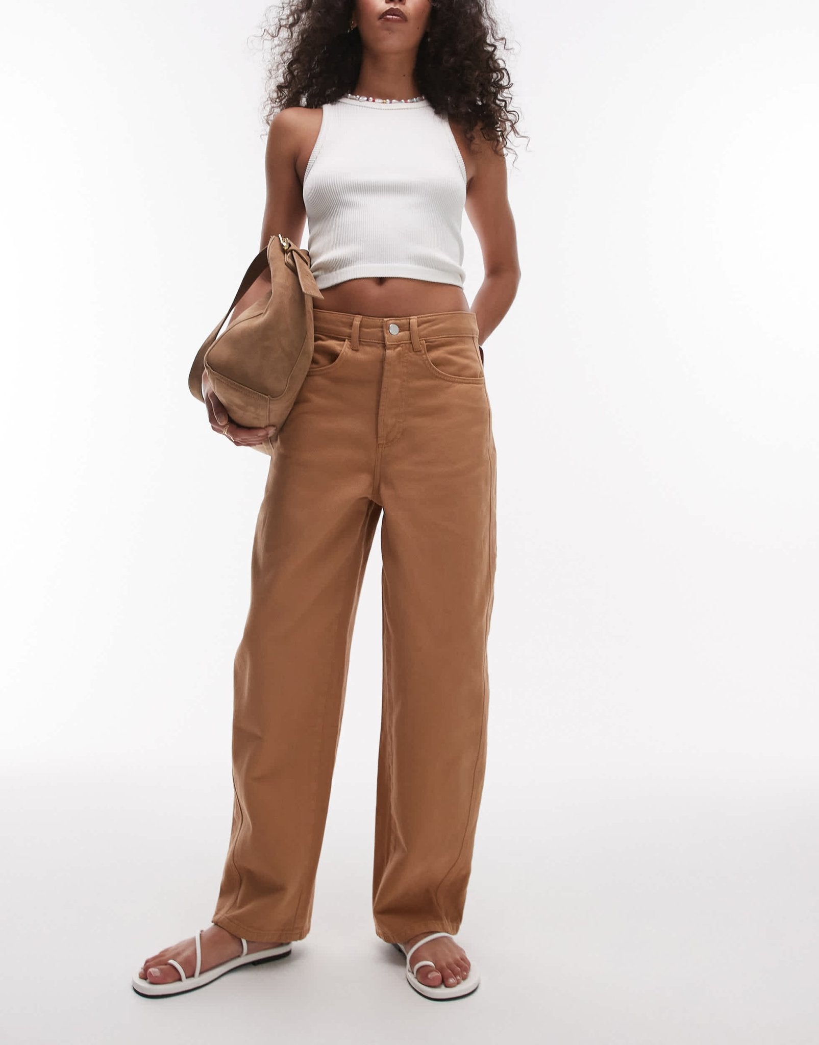 Topshop relaxed barrel leg trouser with seam detail in tan - ASOS Sample Sale
