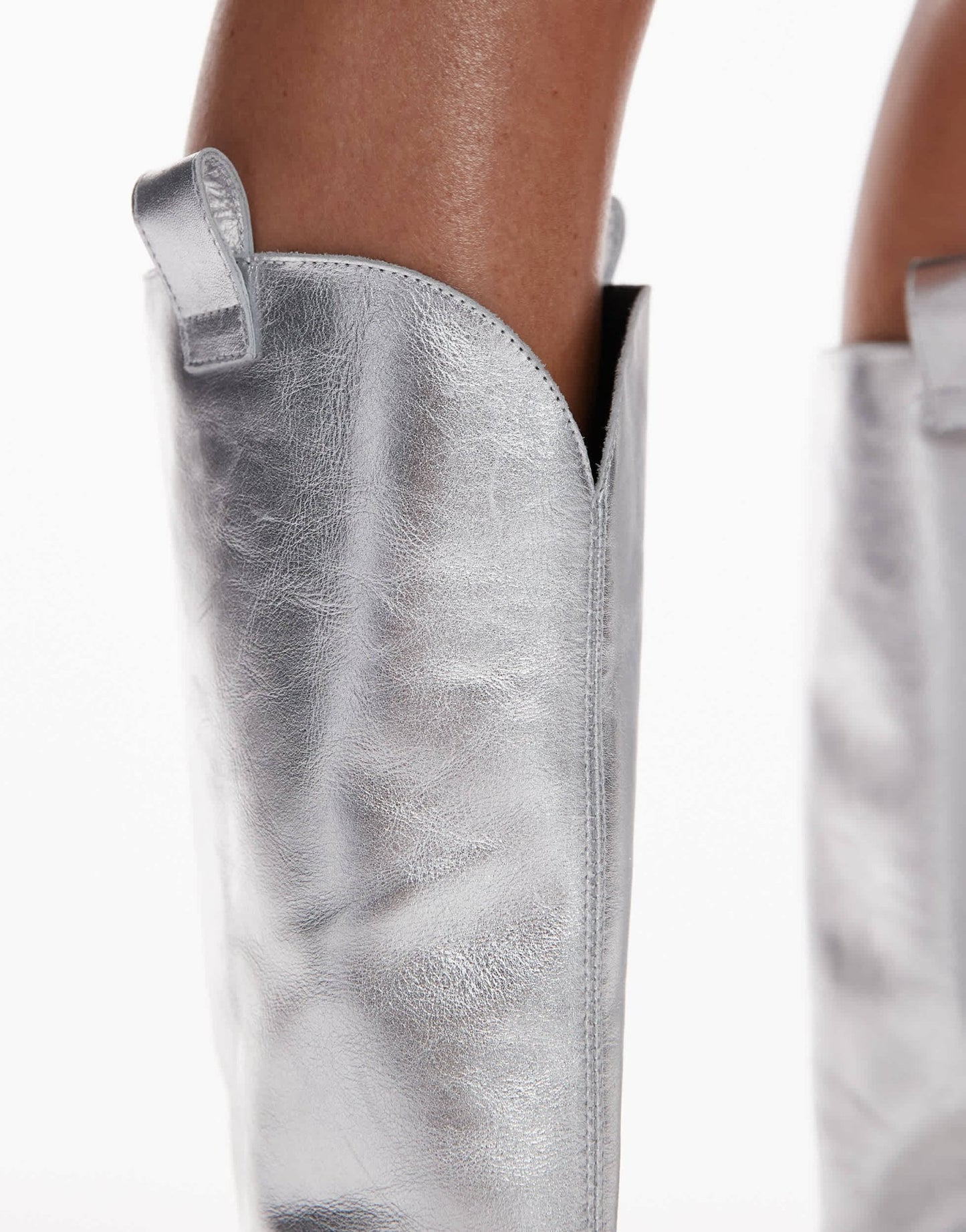 Topshop Remy premium leather heeled western boot in silver - ASOS Sample Sale