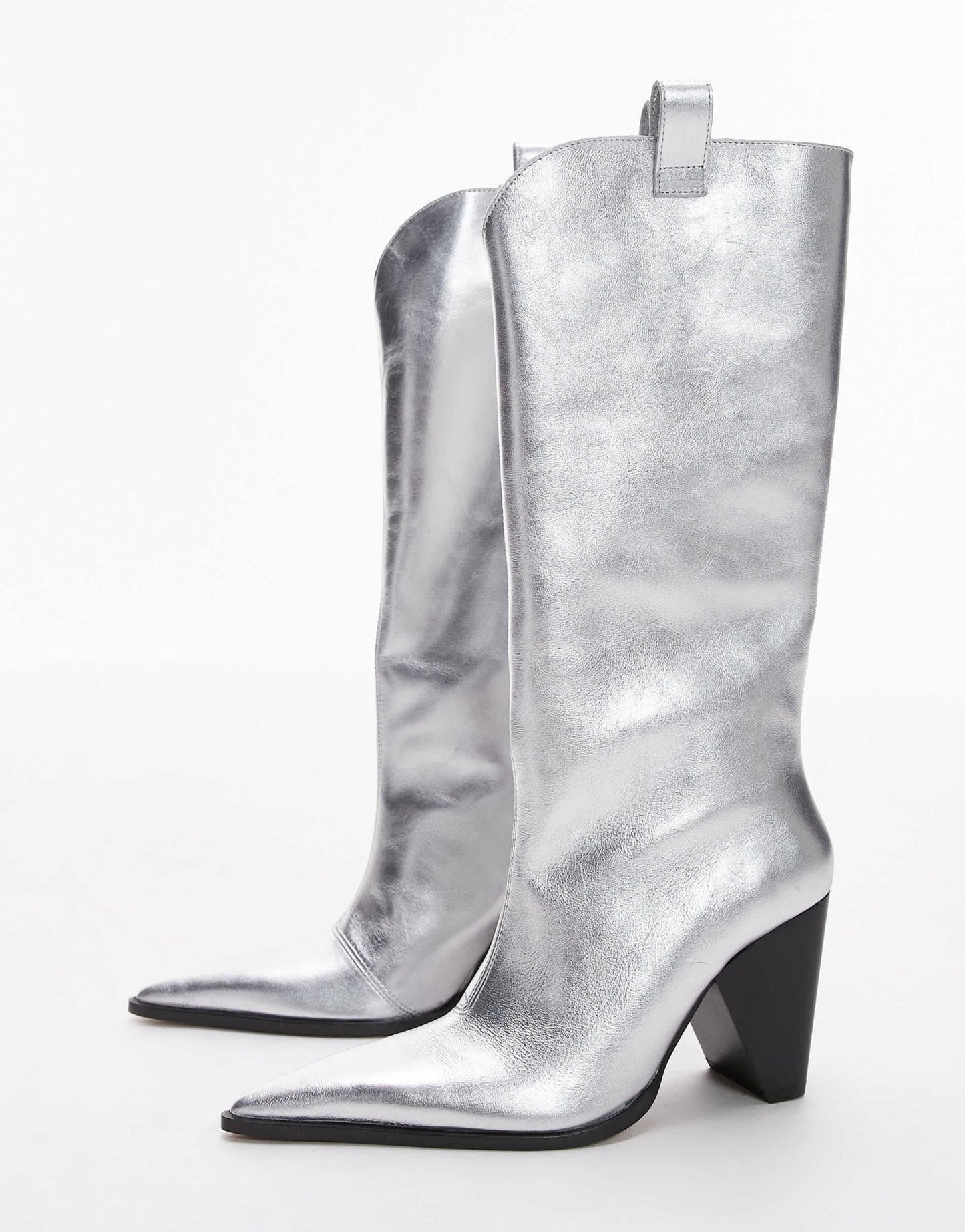 Topshop Remy premium leather heeled western boot in silver - ASOS Sample Sale