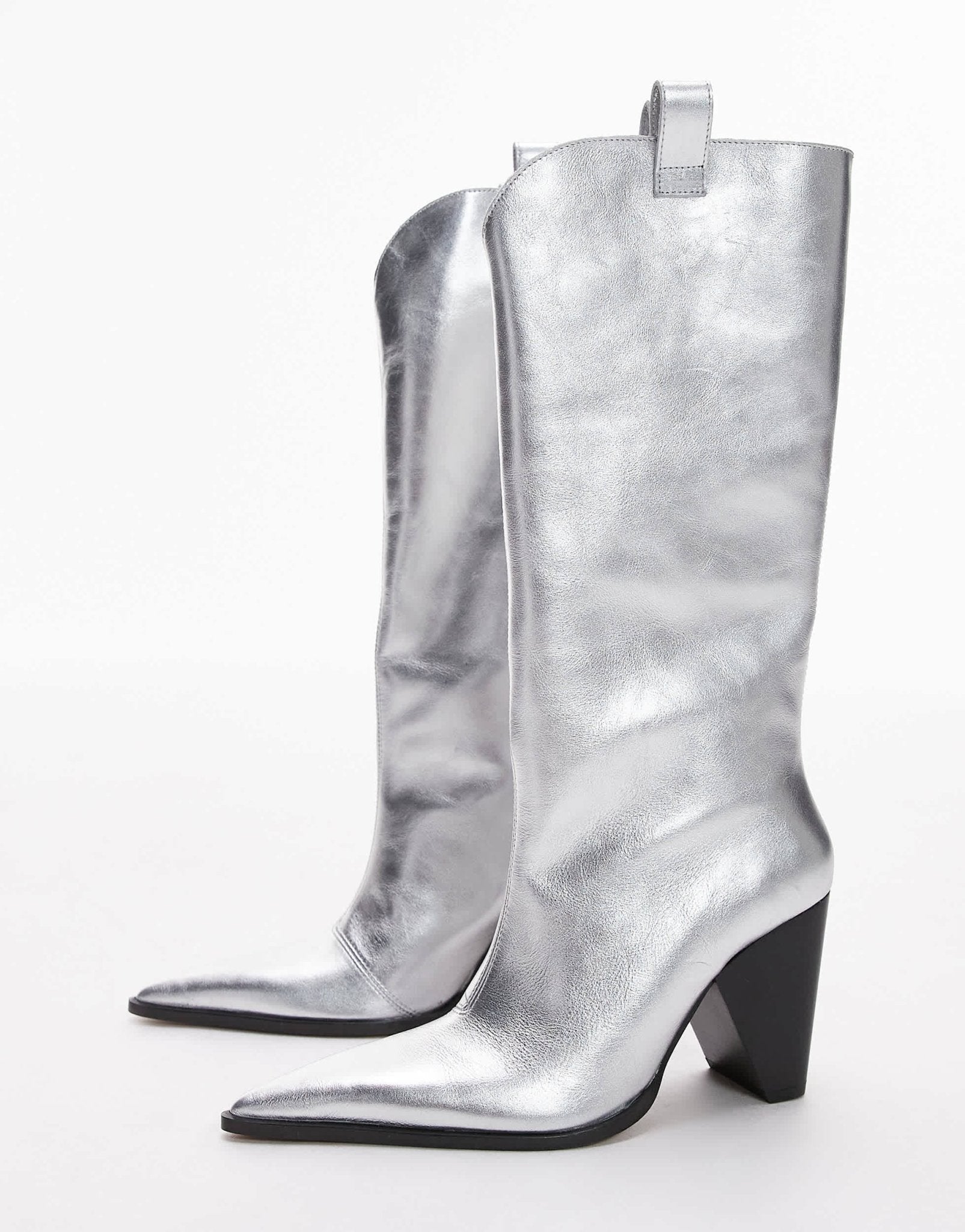 Topshop Remy premium leather heeled western boot in silver - ASOS Sample Sale