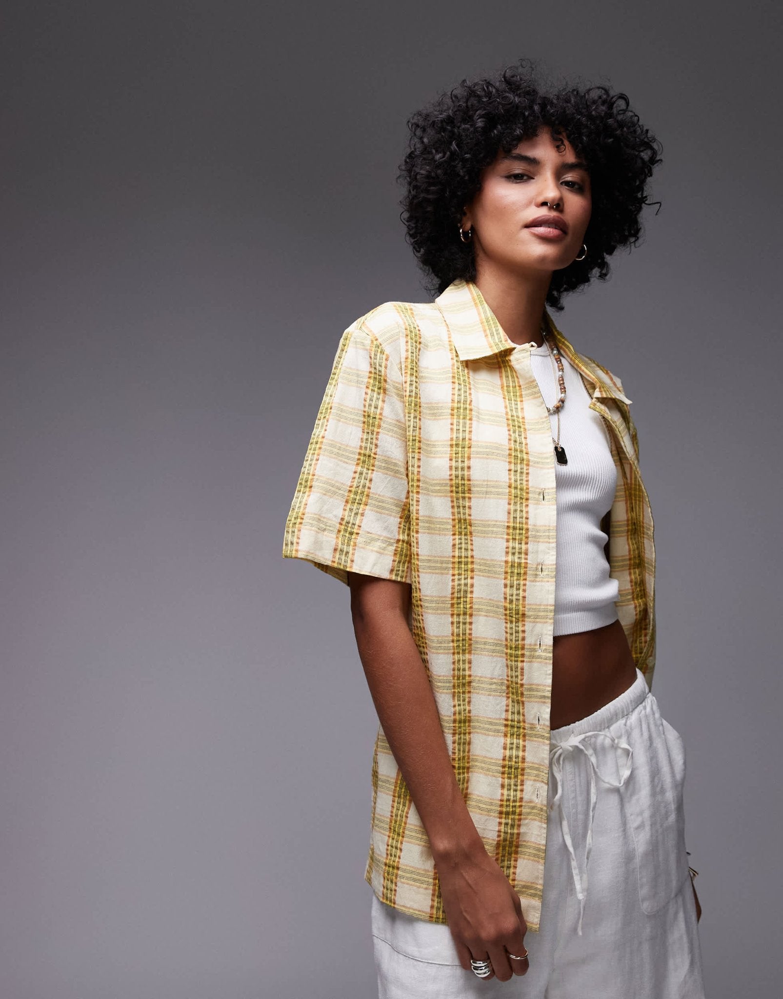 Topshop resort shirt in textured yellow check - ASOS Sample Sale