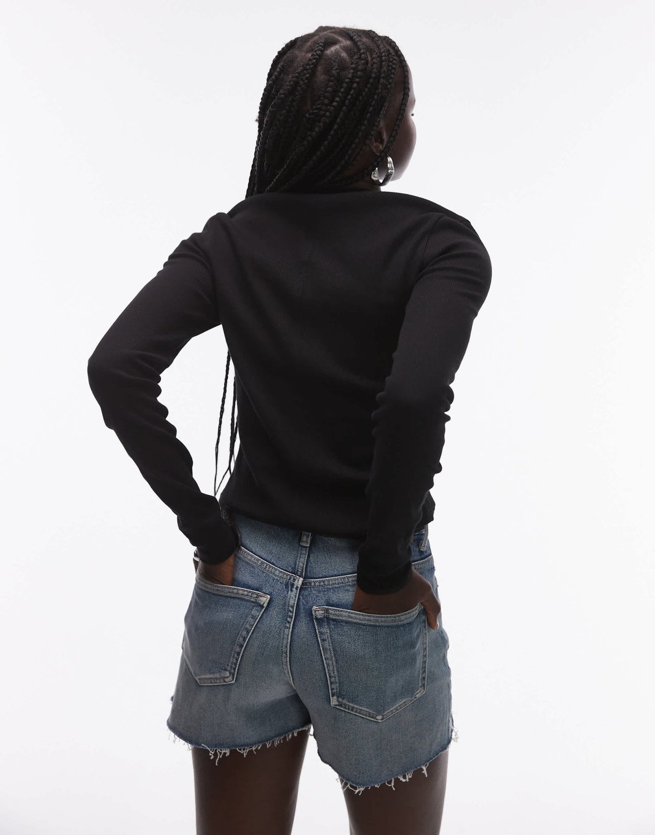 Topshop rib curve hem long sleeve tee in black - ASOS Sample Sale