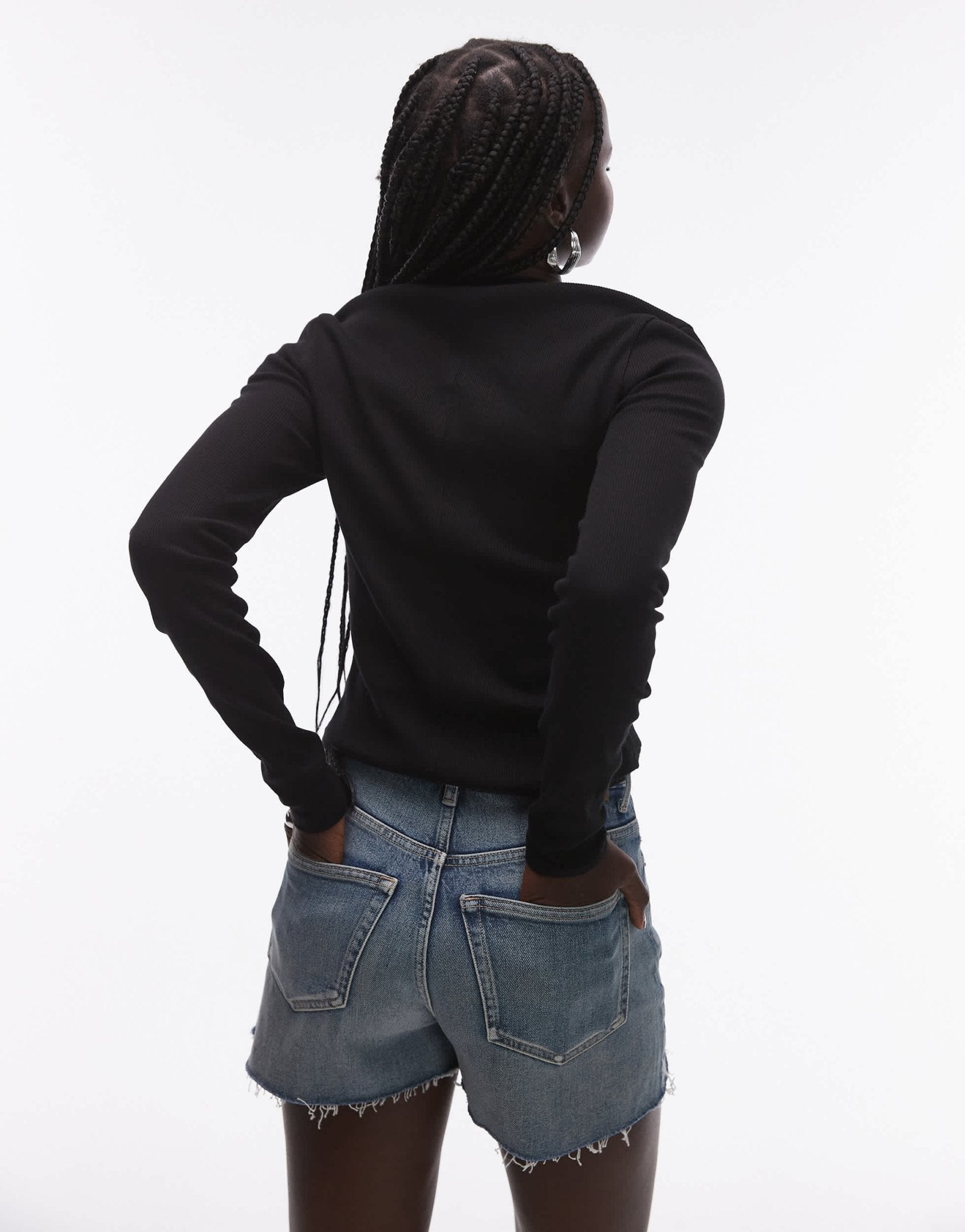 Topshop rib curve hem long sleeve tee in black - ASOS Sample Sale