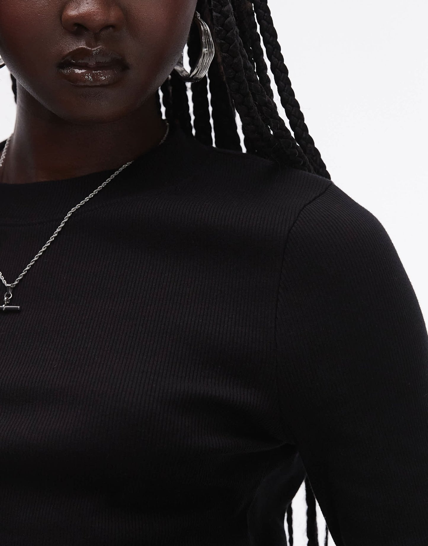 Topshop rib curve hem long sleeve tee in black - ASOS Sample Sale