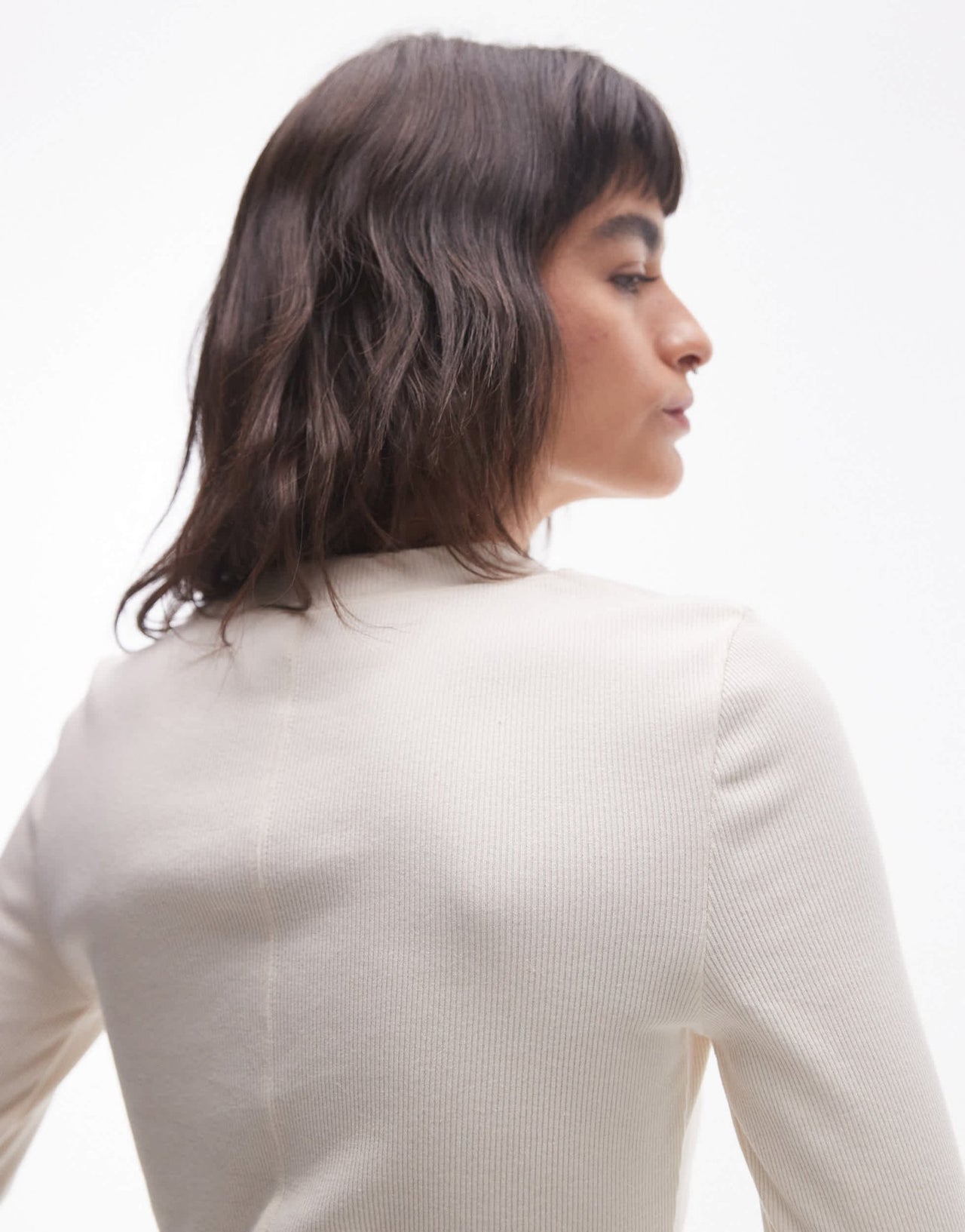 Topshop rib curve hem long sleeve tee in cream - ASOS Sample Sale