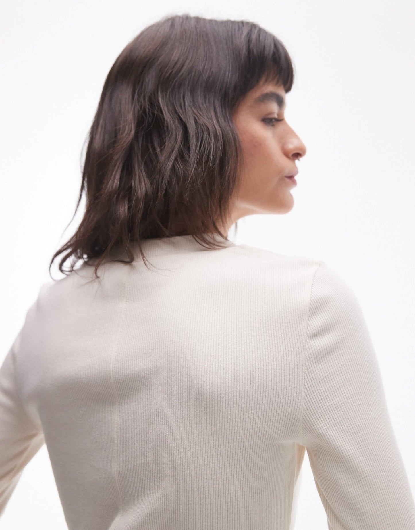 Topshop rib curve hem long sleeve tee in cream - ASOS Sample Sale