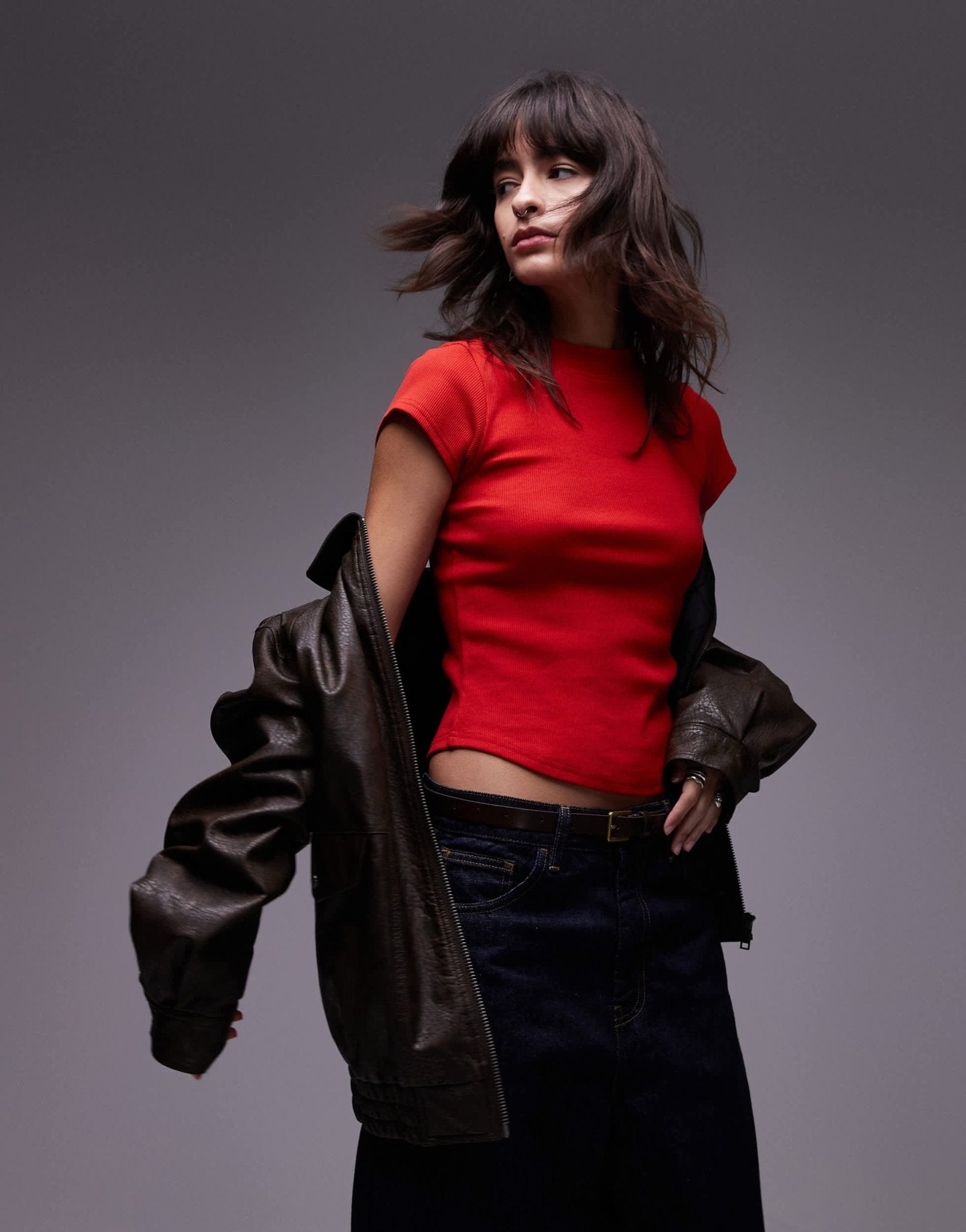 Topshop rib fitted curve hem tee in red - ASOS Sample Sale