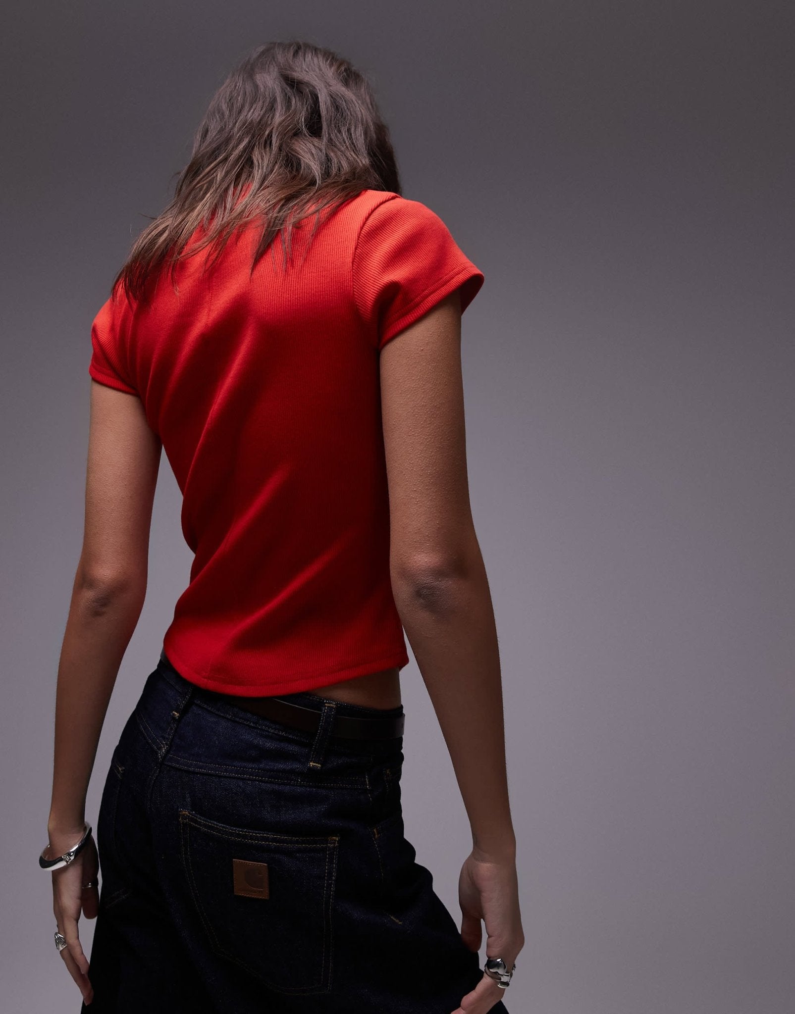 Topshop rib fitted curve hem tee in red - ASOS Sample Sale
