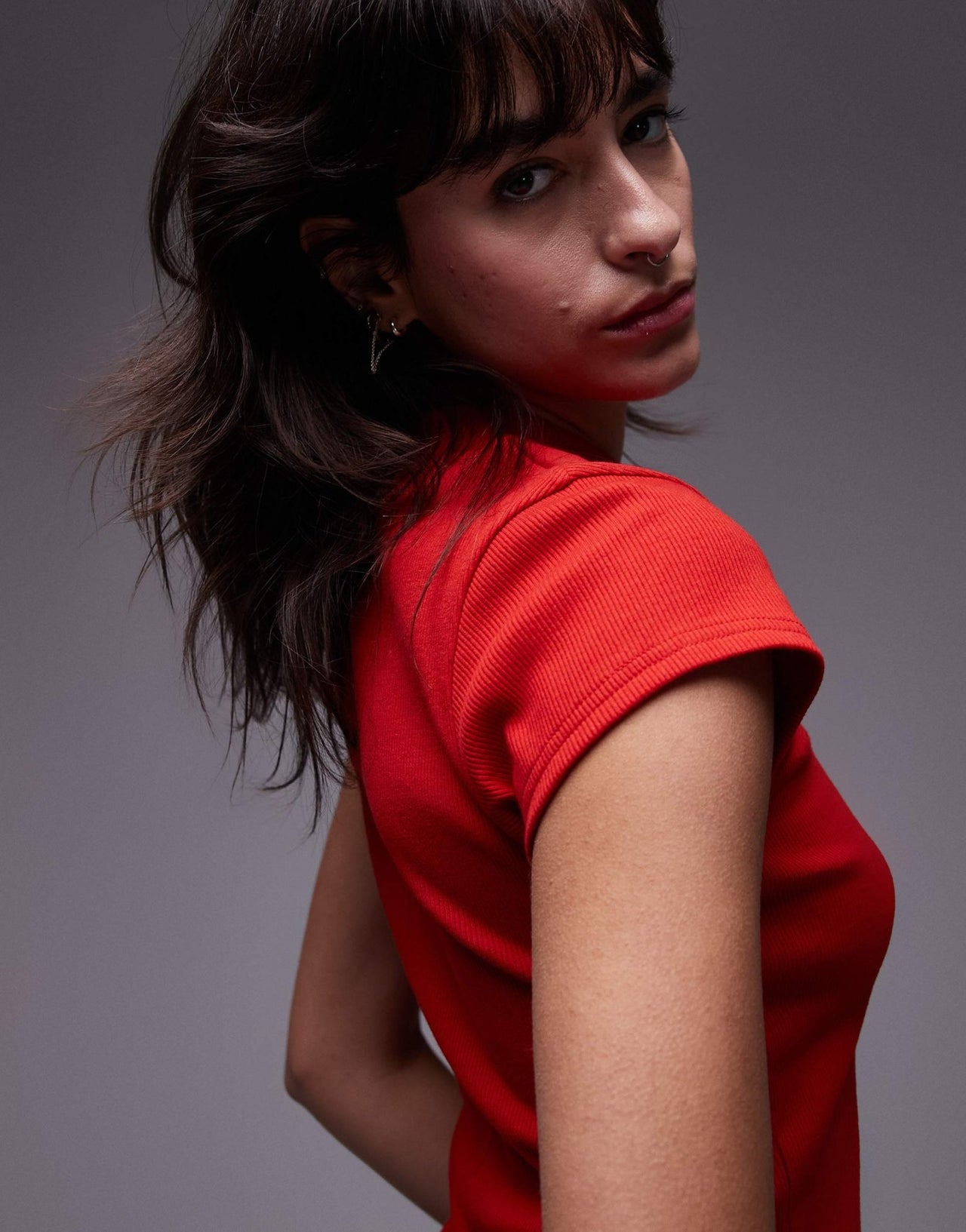 Topshop rib fitted curve hem tee in red - ASOS Sample Sale