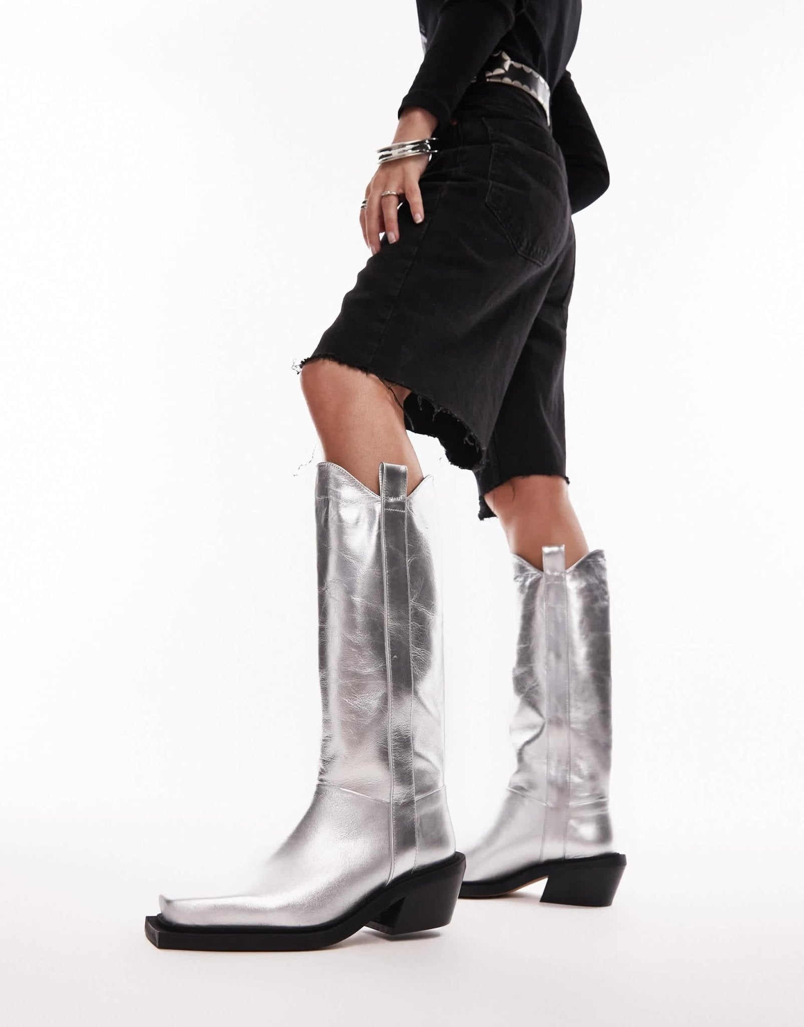 Topshop Rose premium leather western knee high boots in silver - ASOS Sample Sale