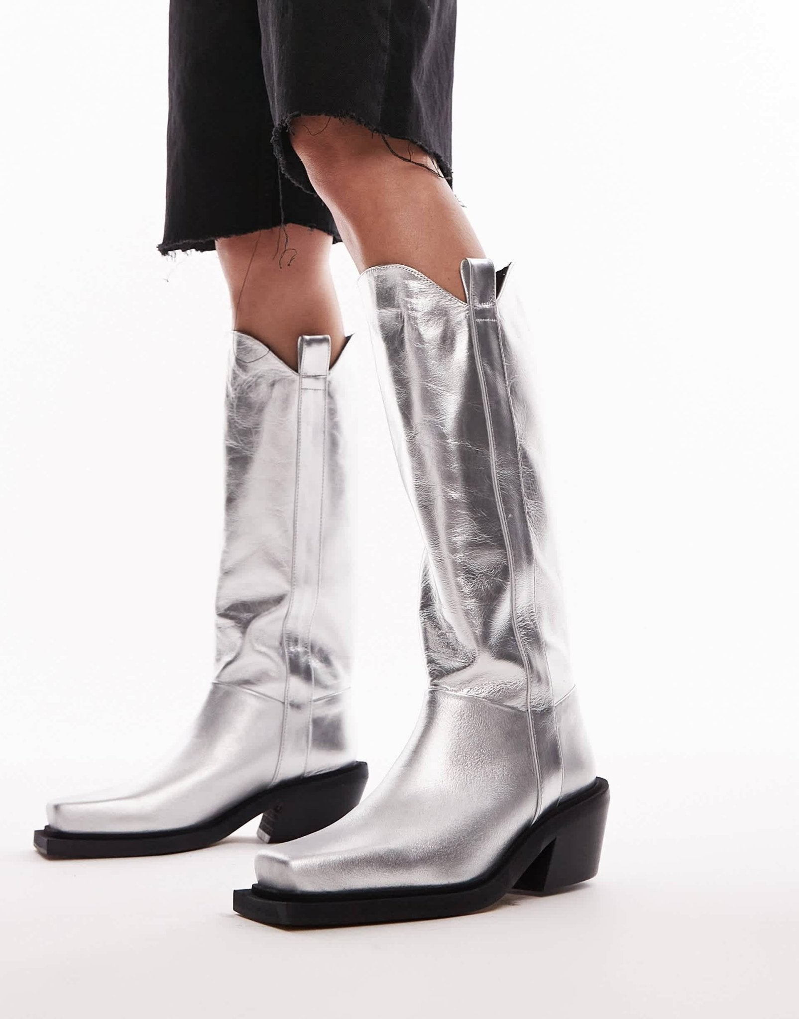 Topshop Rose premium leather western knee high boots in silver - ASOS Sample Sale