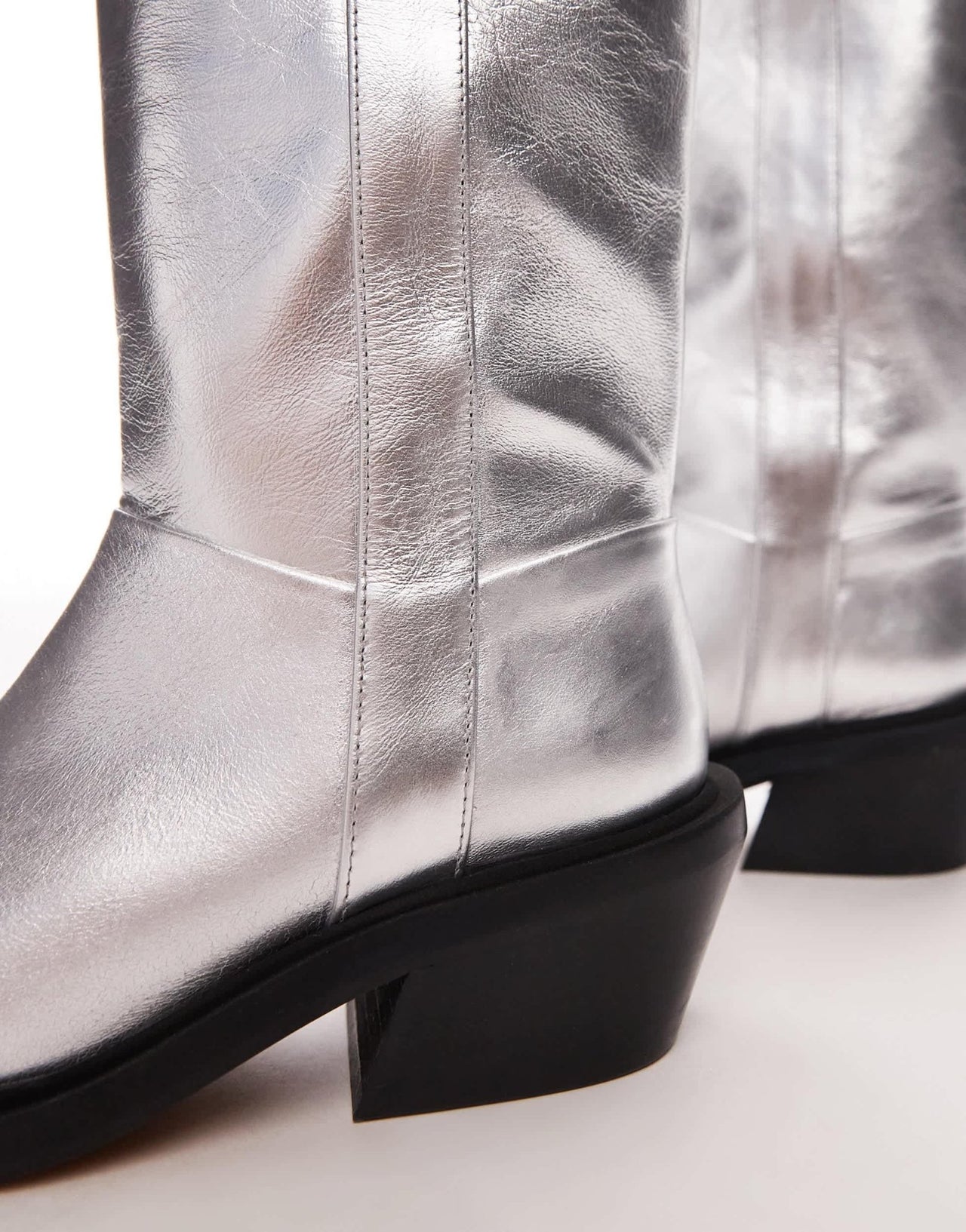 Topshop Rose premium leather western knee high boots in silver - ASOS Sample Sale