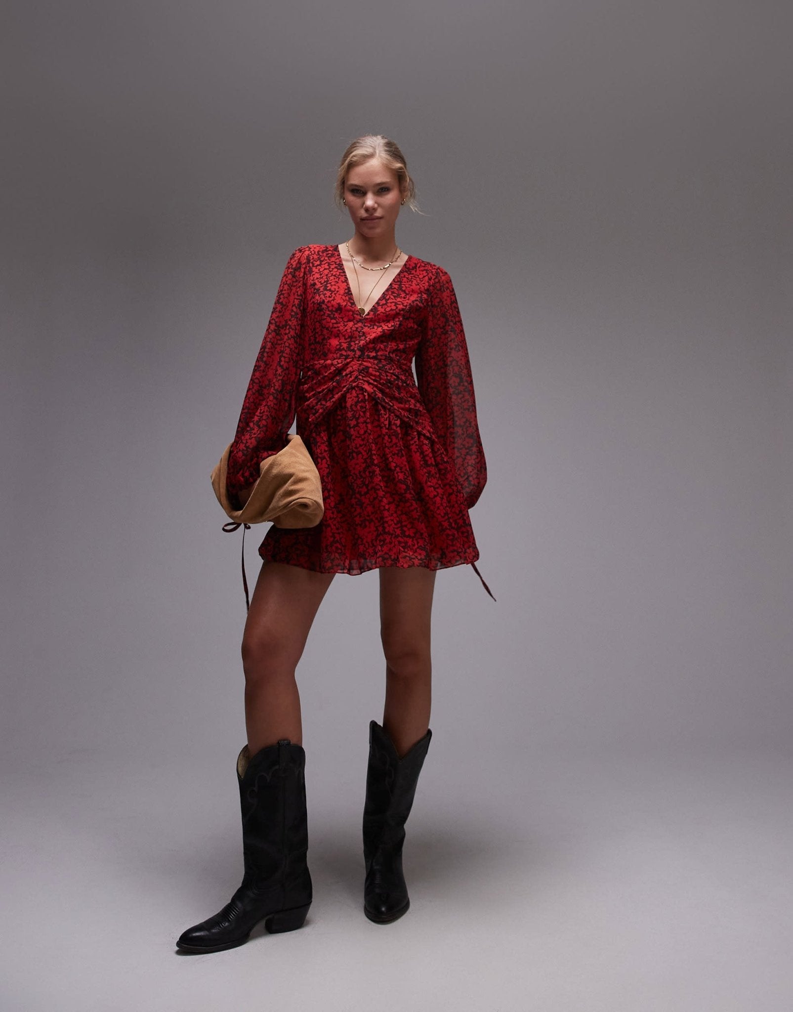 Topshop ruch waist v neck mini tea dress in red floral - ASOS Sample Sale