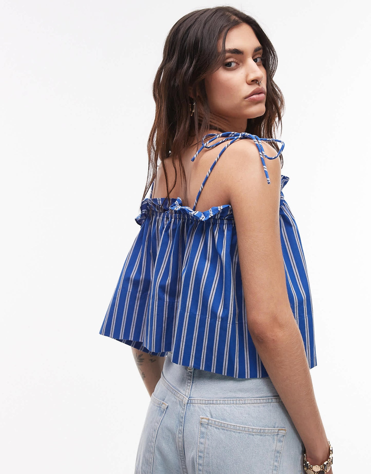 Topshop ruched cami top in blue stripe - ASOS Sample Sale