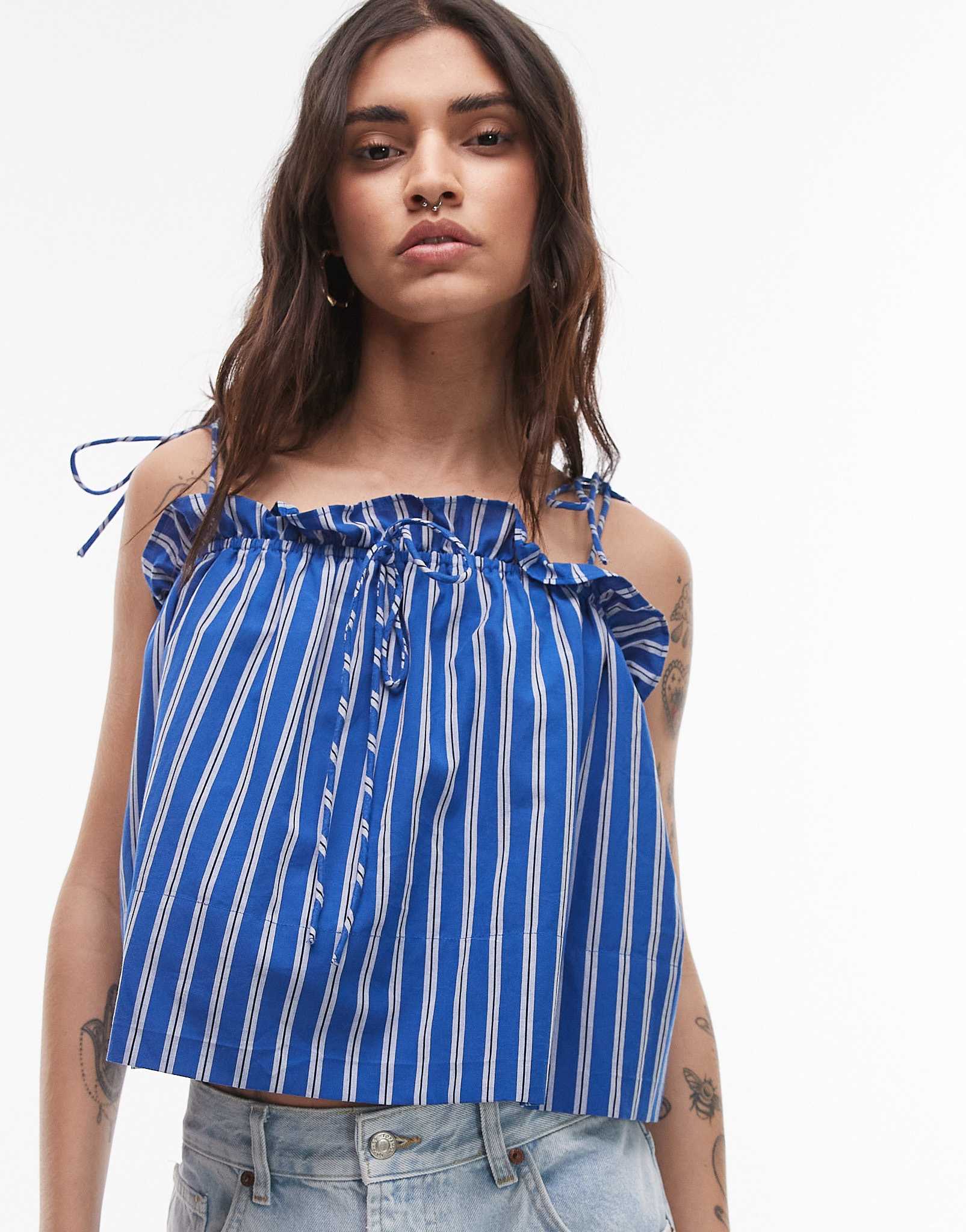 Topshop ruched cami top in blue stripe - ASOS Sample Sale