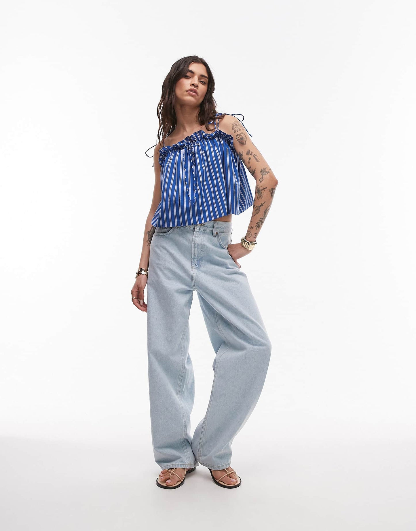 Topshop ruched cami top in blue stripe - ASOS Sample Sale