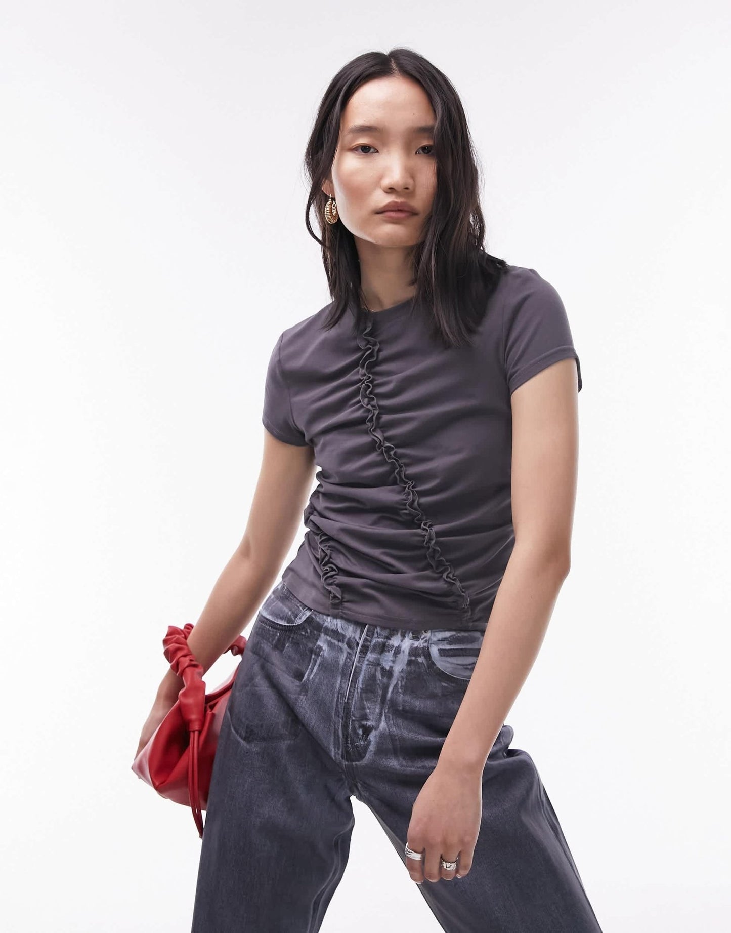 Topshop ruched frill short sleeve tee in slate - ASOS Sample Sale