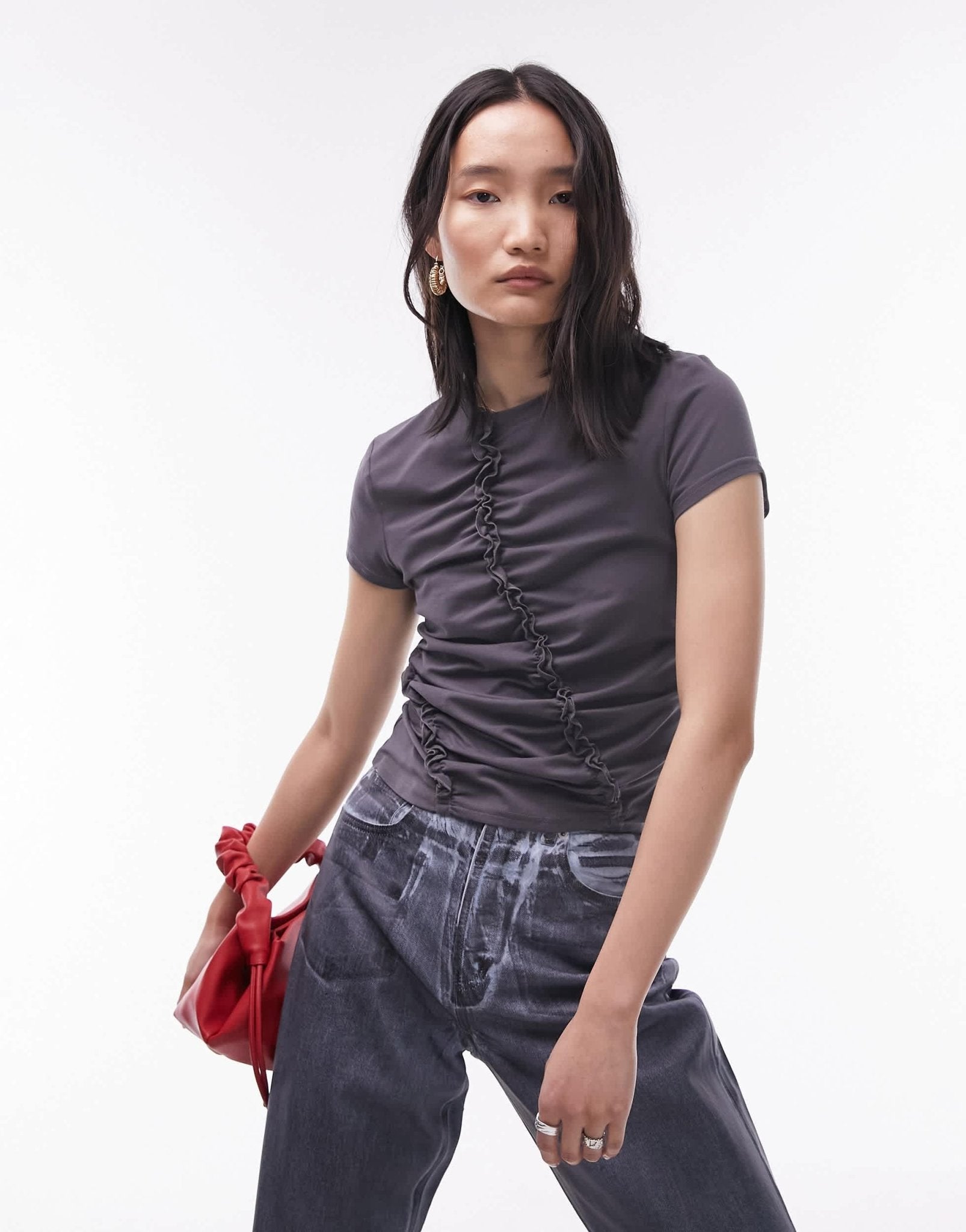 Topshop ruched frill short sleeve tee in slate - ASOS Sample Sale