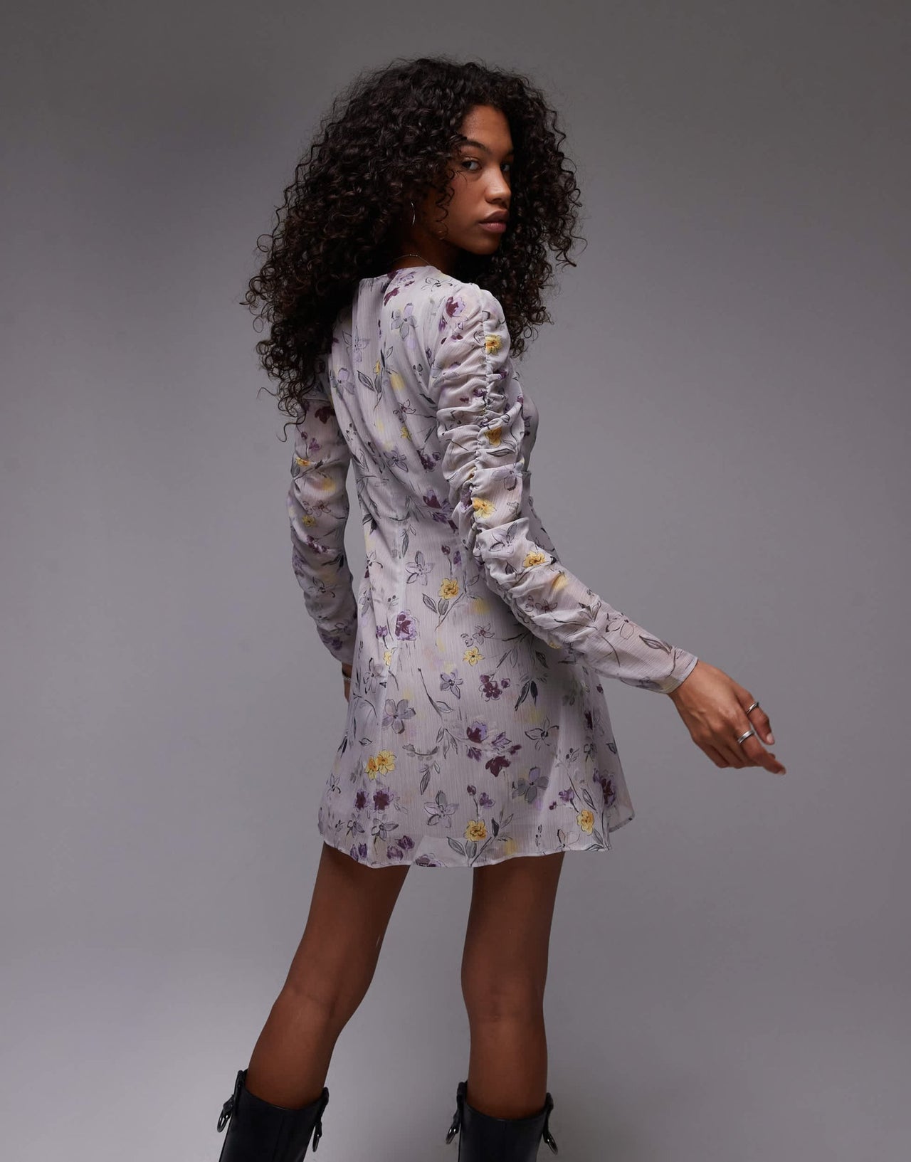 Topshop ruched front mini dress in grey vintage floral - ASOS Sample Sale