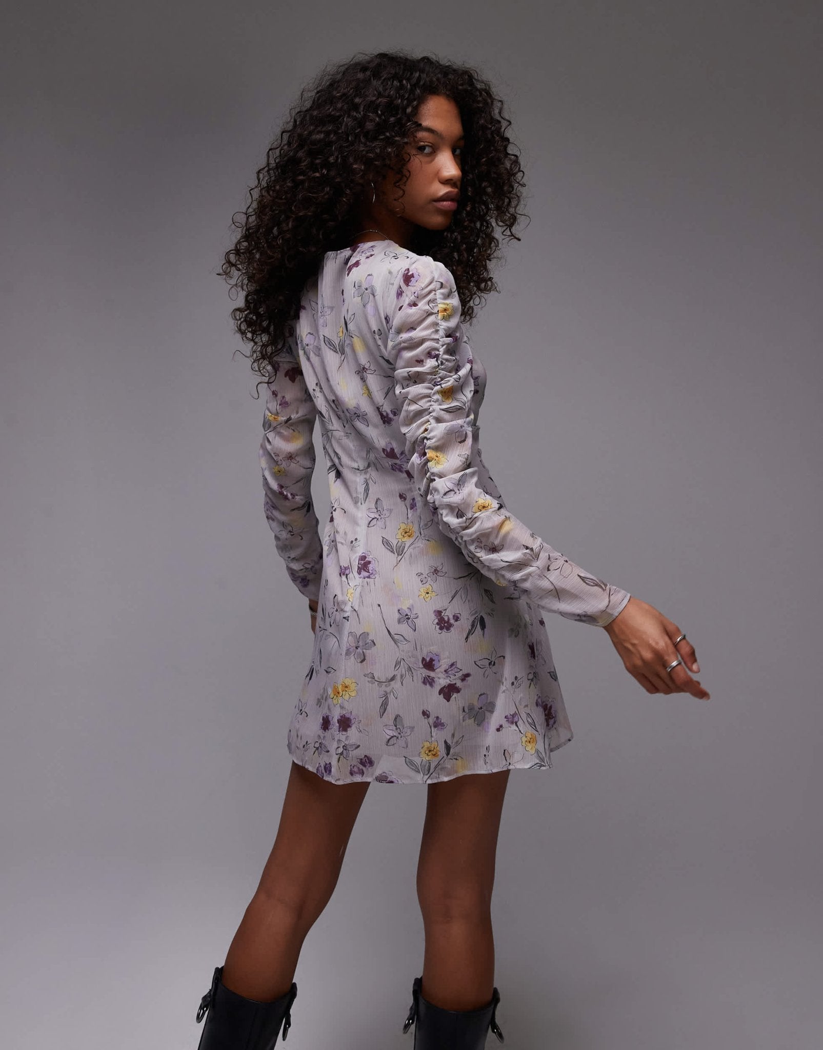 Topshop ruched front mini dress in grey vintage floral - ASOS Sample Sale