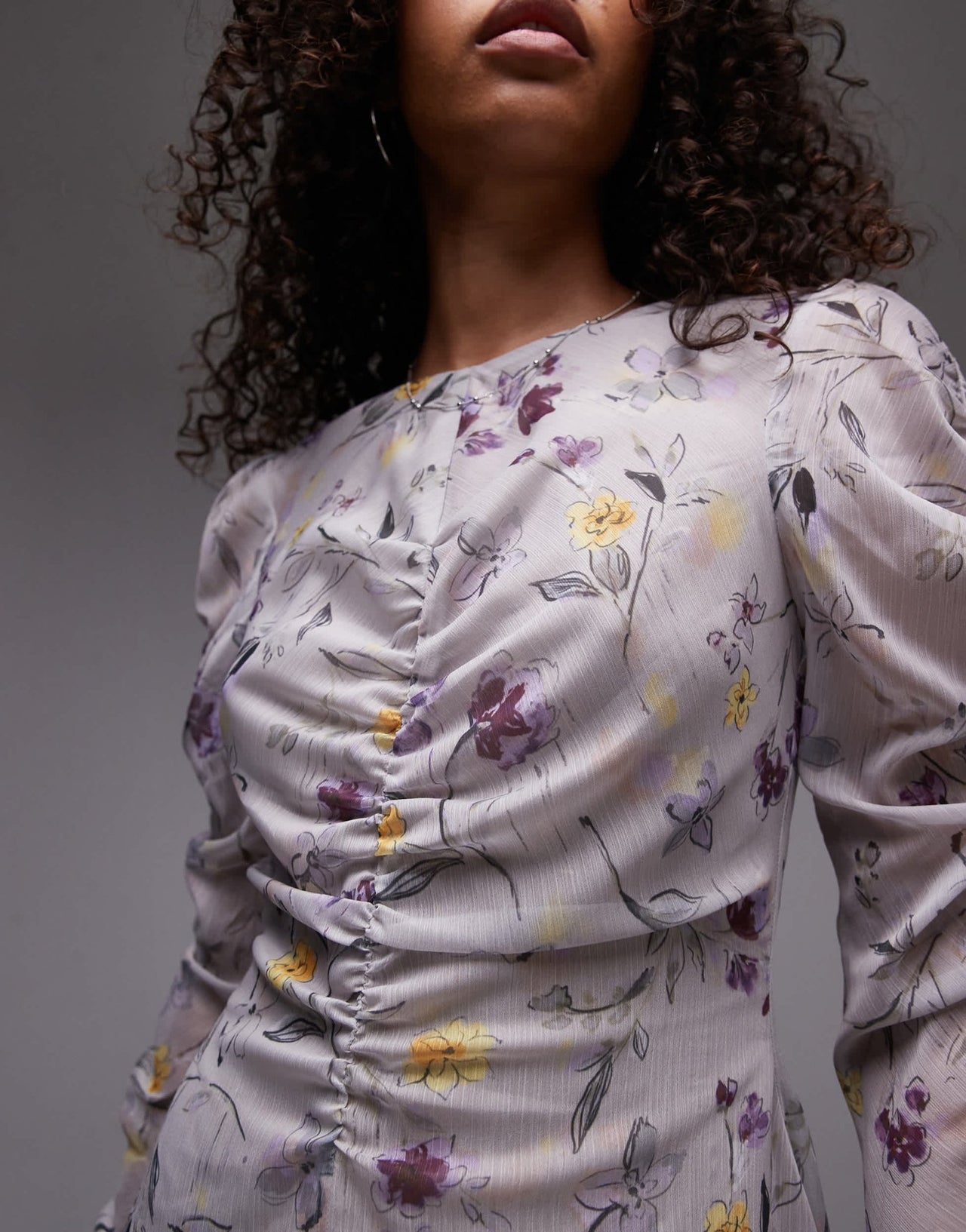 Topshop ruched front mini dress in grey vintage floral - ASOS Sample Sale