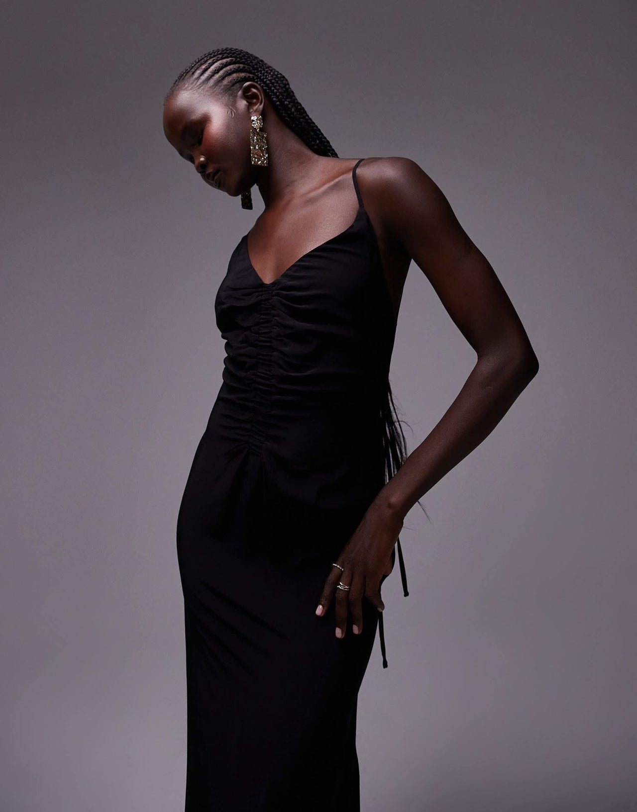 Topshop ruched maxi slip dress in black - ASOS Sample Sale