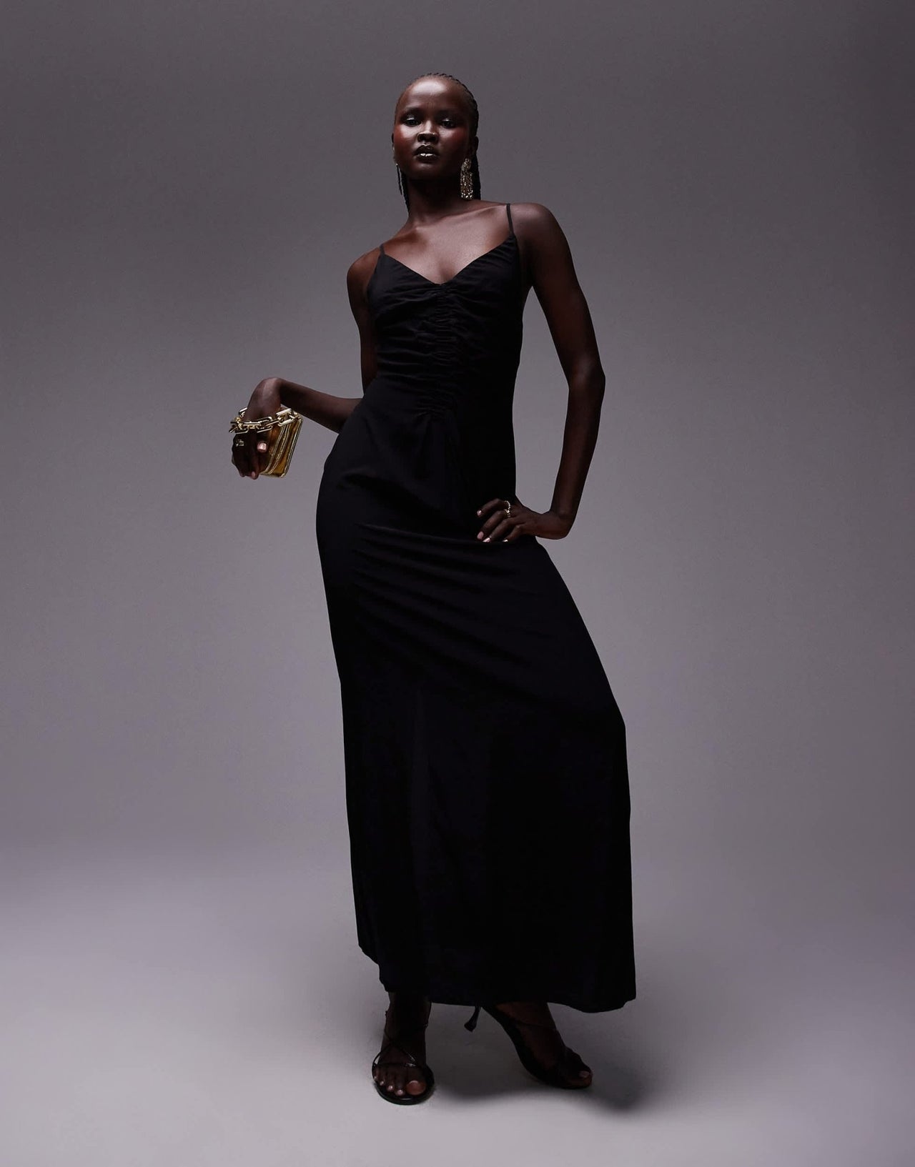 Topshop ruched maxi slip dress in black - ASOS Sample Sale