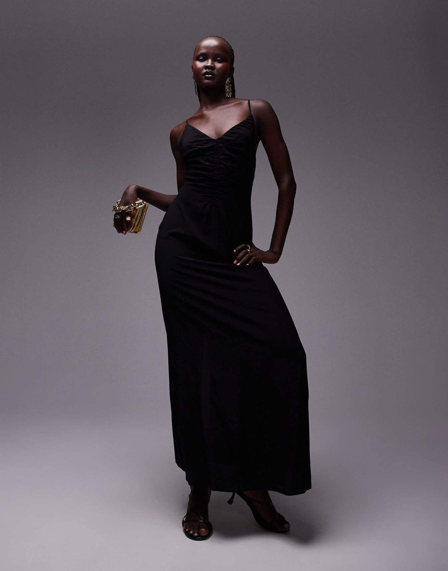 Topshop ruched maxi slip dress in black - ASOS Sample Sale