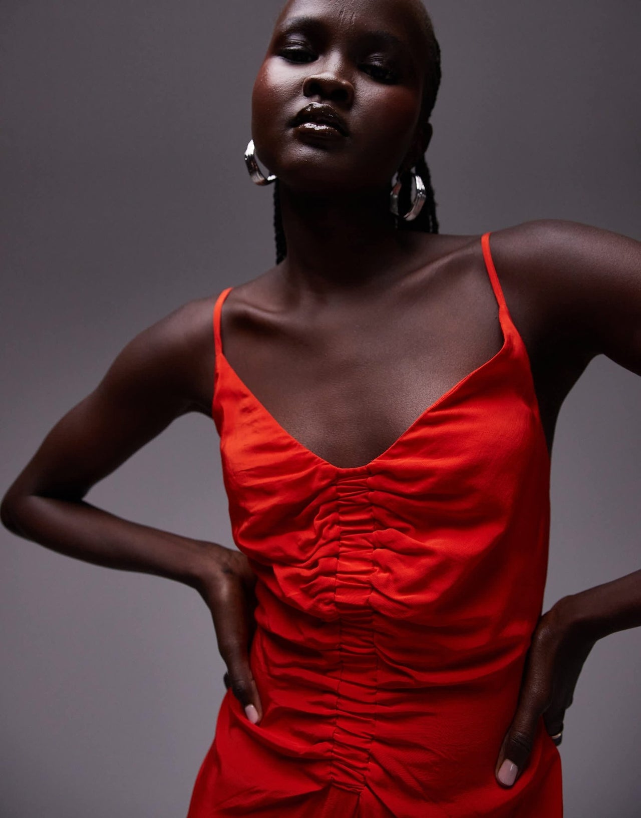 Topshop ruched maxi slip dress in red - ASOS Sample Sale