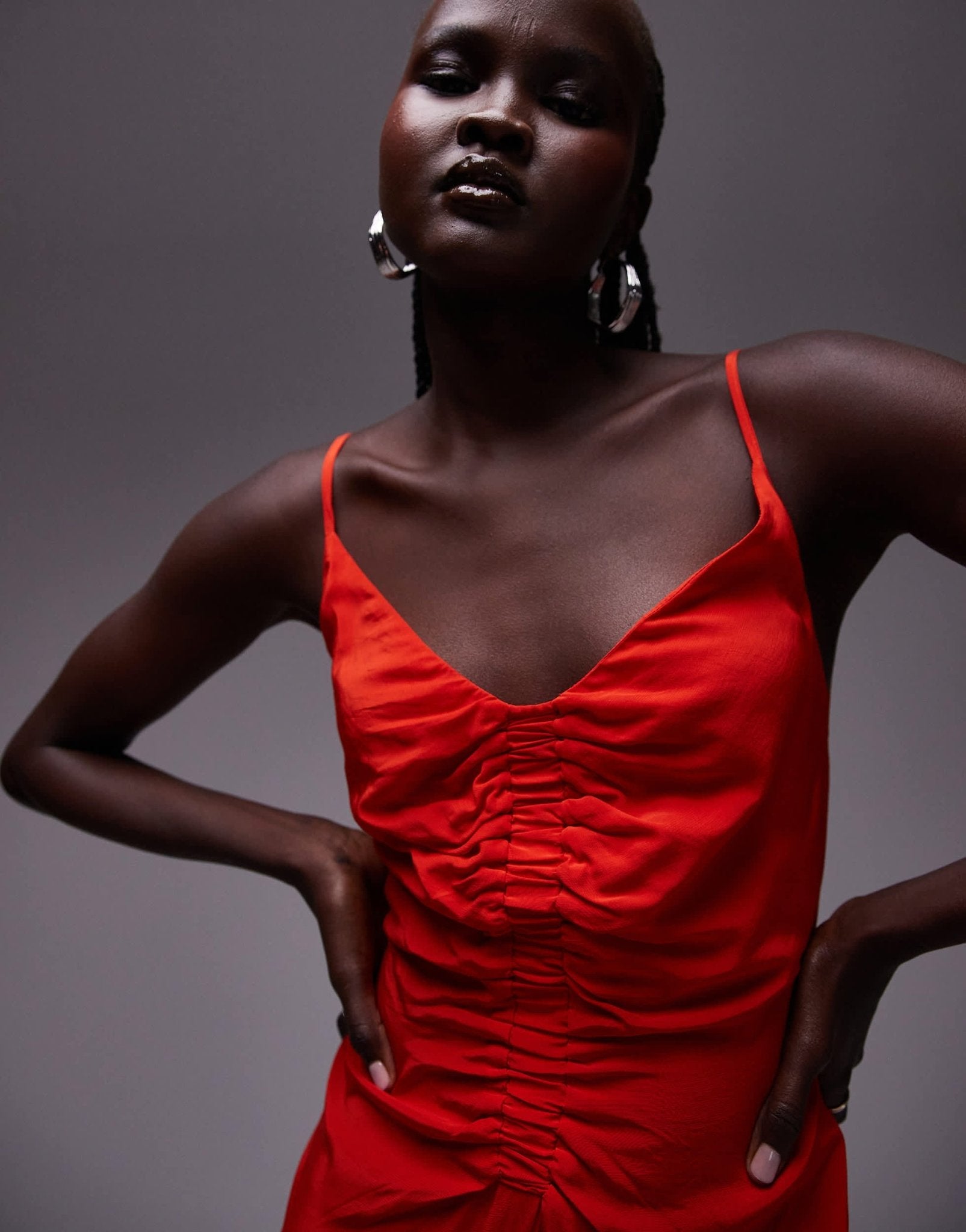 Topshop ruched maxi slip dress in red - ASOS Sample Sale