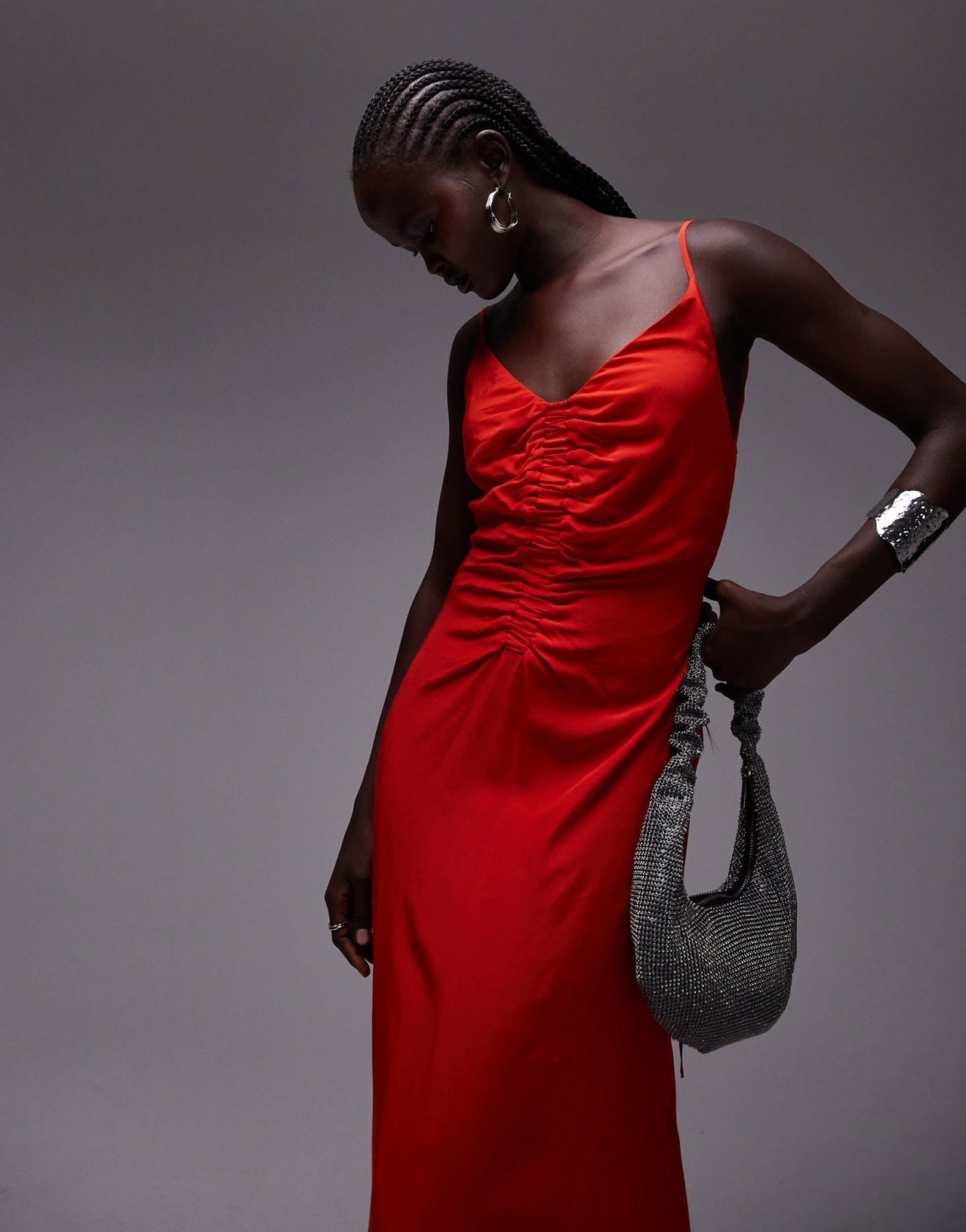 Topshop ruched maxi slip dress in red - ASOS Sample Sale