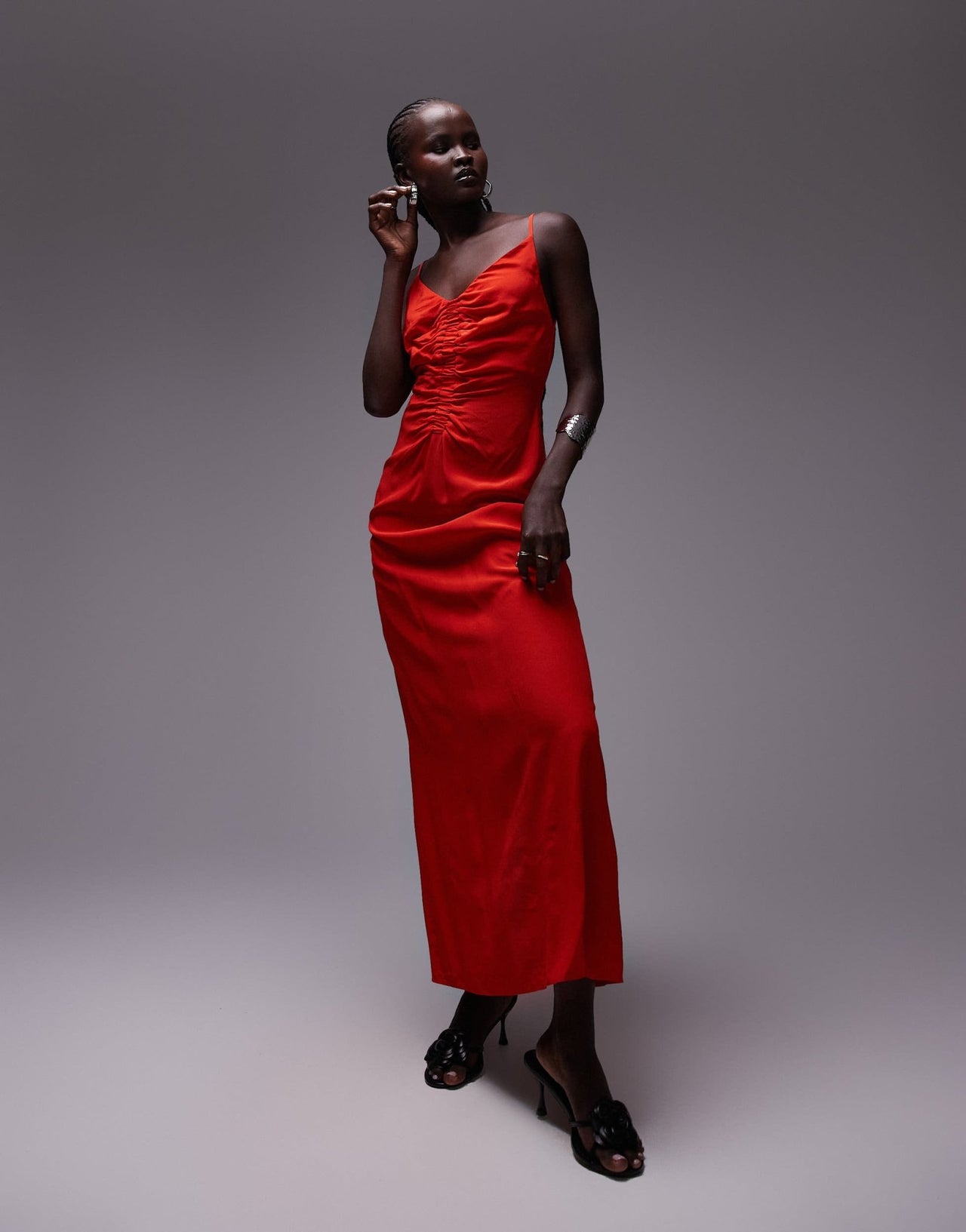 Topshop ruched maxi slip dress in red - ASOS Sample Sale